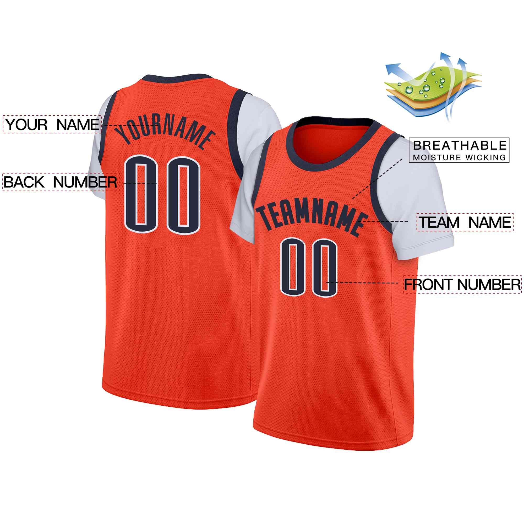 Maillot de basket-ball à fausses manches, haut classique Orange marine personnalisé, décontracté