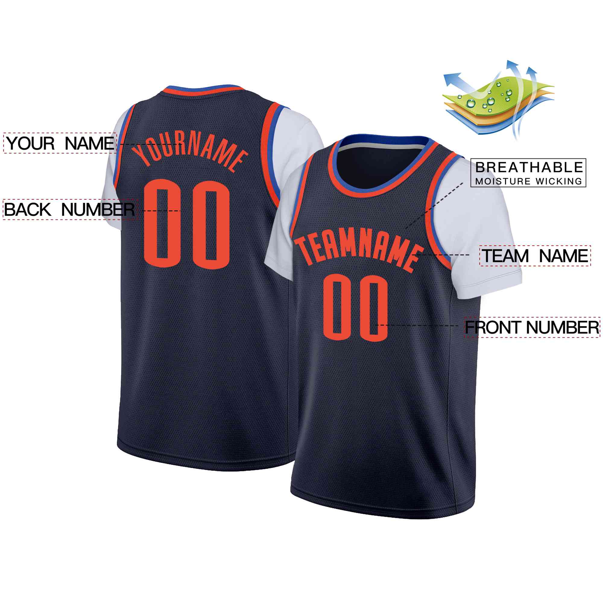 Custom Navy Orange Classic Tops Casual Fake Sleeve Basketball Jersey