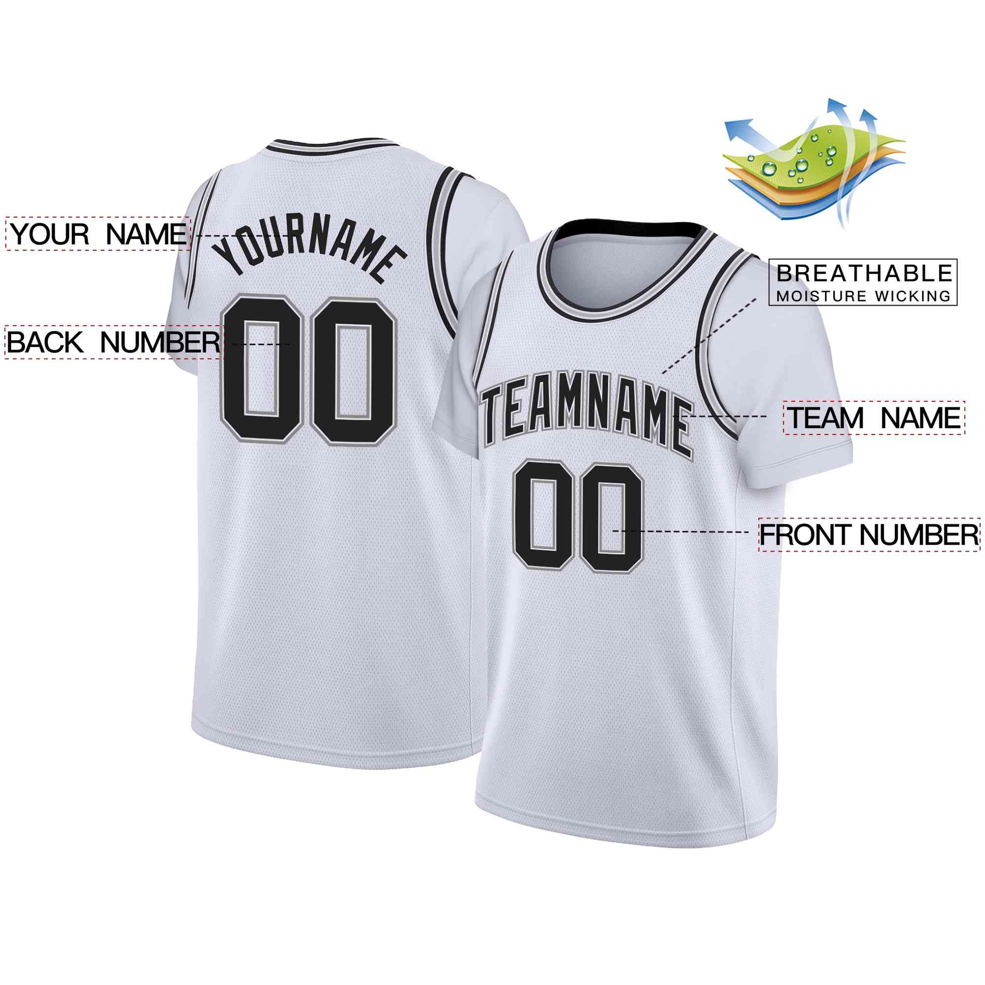 Maillot de basket-ball à fausses manches, personnalisé, blanc, noir et blanc, hauts classiques décontractés