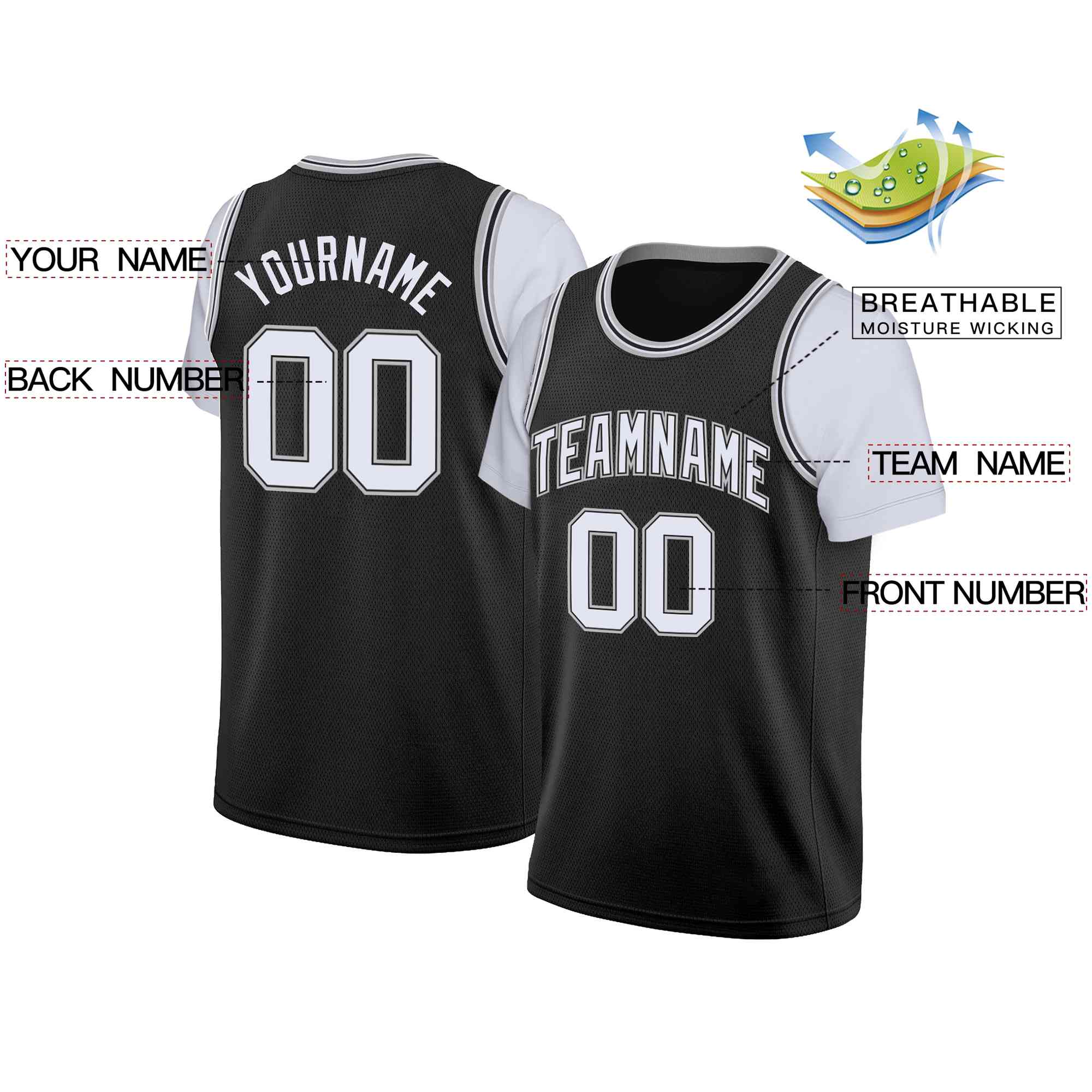 Custom Black White-Gray Classic Tops Casual Fake Sleeve Basketball Jersey