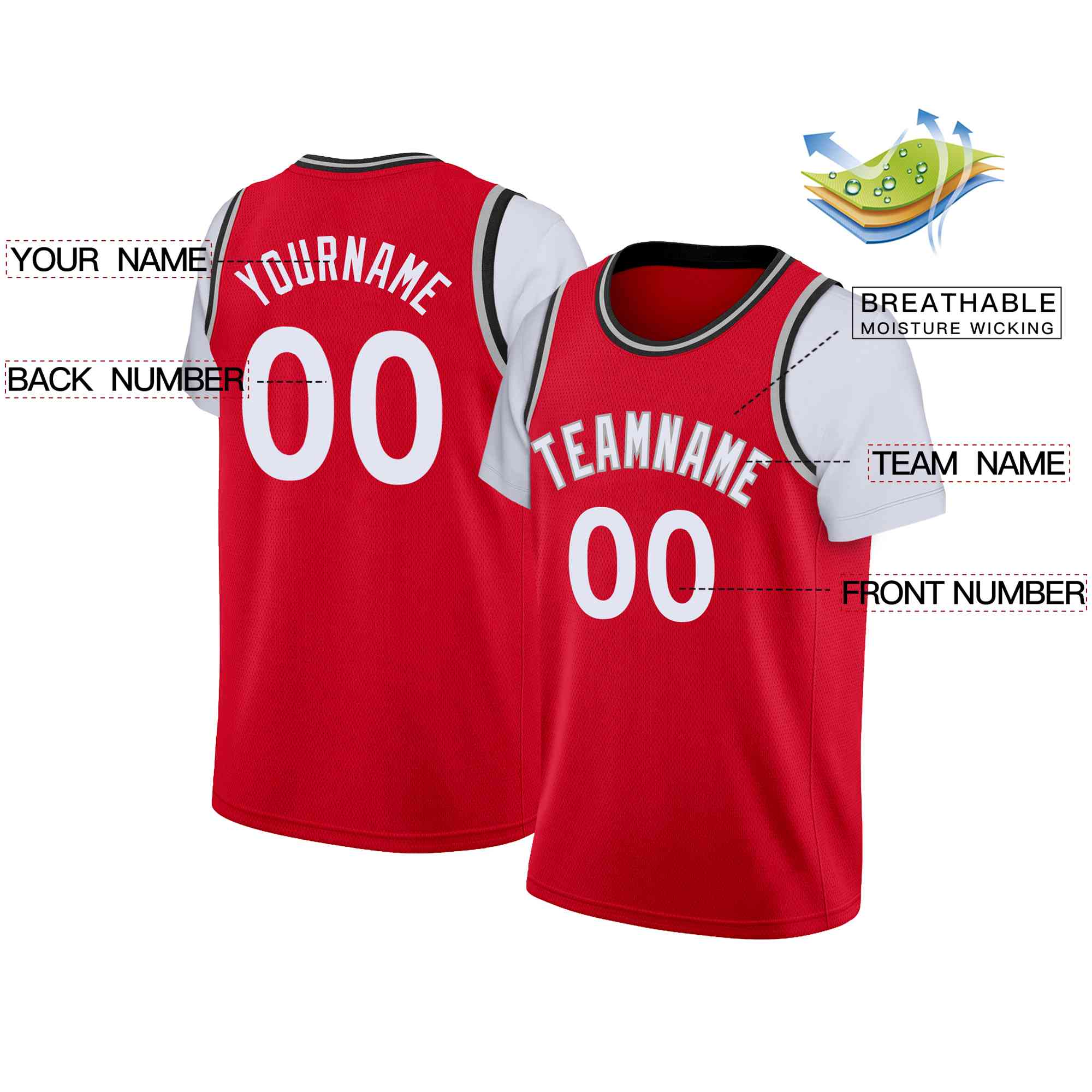 Custom Red White-Gray Classic Tops Casual Fake Sleeve Basketball Jersey