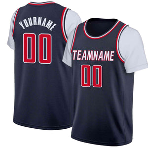 Custom Navy White-Red Classic Tops Casual Fake Sleeve Basketball Jersey