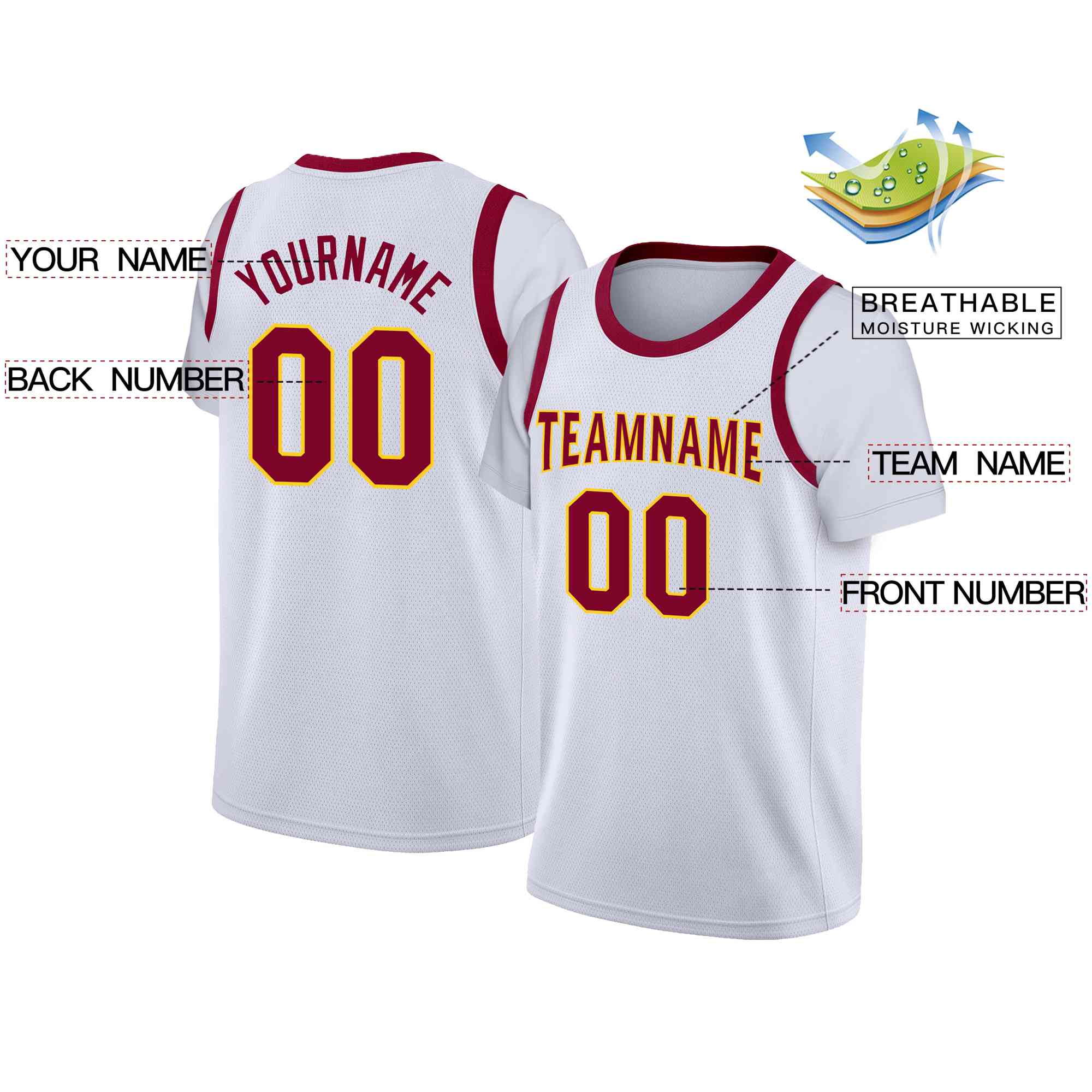 Custom White Maroon-Yellow Classic Tops Casual Fake Sleeve Basketball Jersey