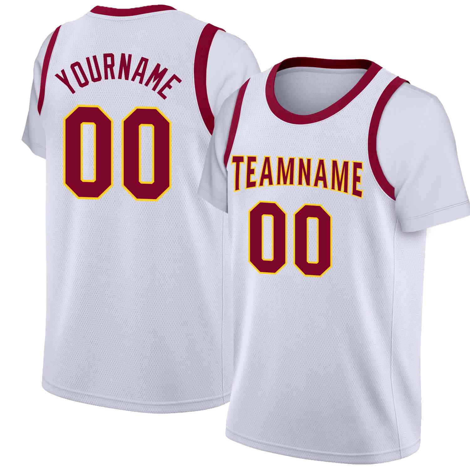 Custom White Maroon-Yellow Classic Tops Casual Fake Sleeve Basketball Jersey