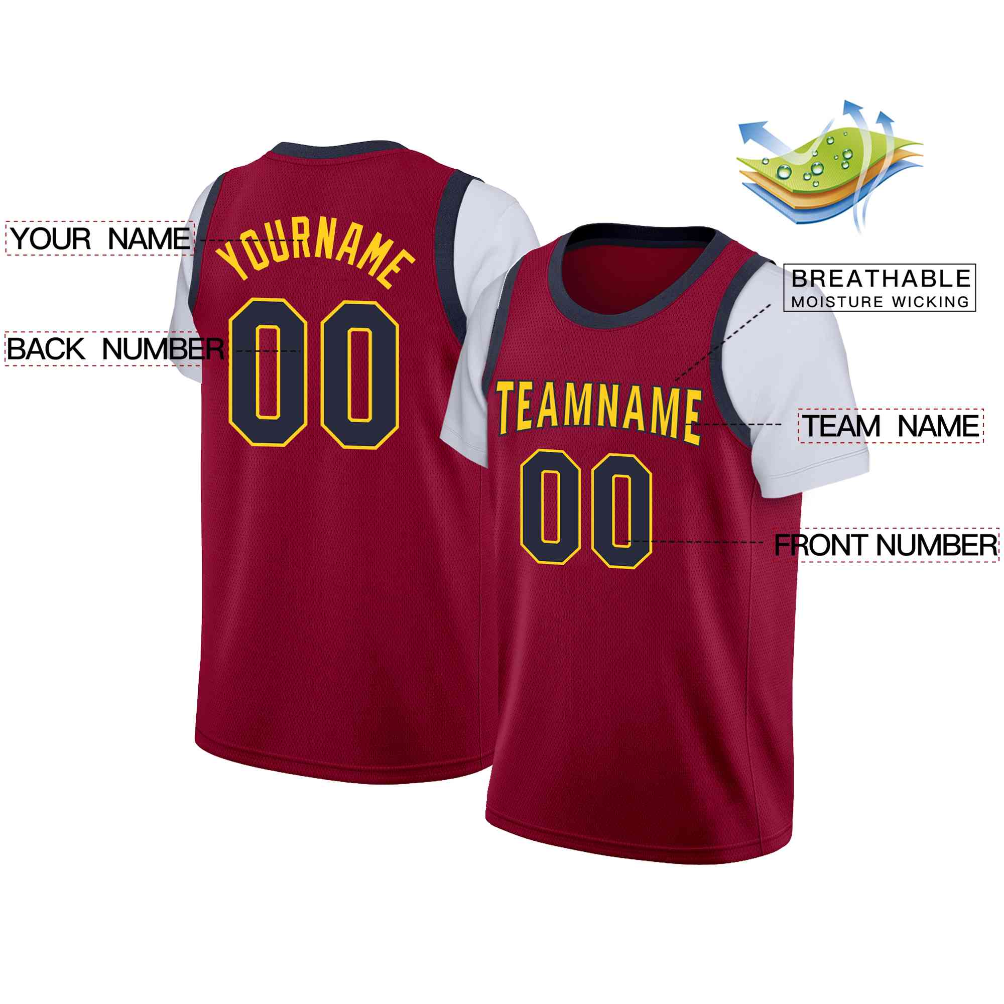 Custom Maroon Yellow-Navy Classic Tops Casual Fake Sleeve Basketball Jersey