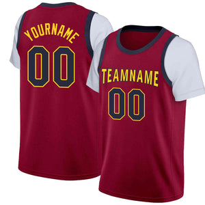 Custom Maroon Yellow-Navy Classic Tops Casual Fake Sleeve Basketball Jersey