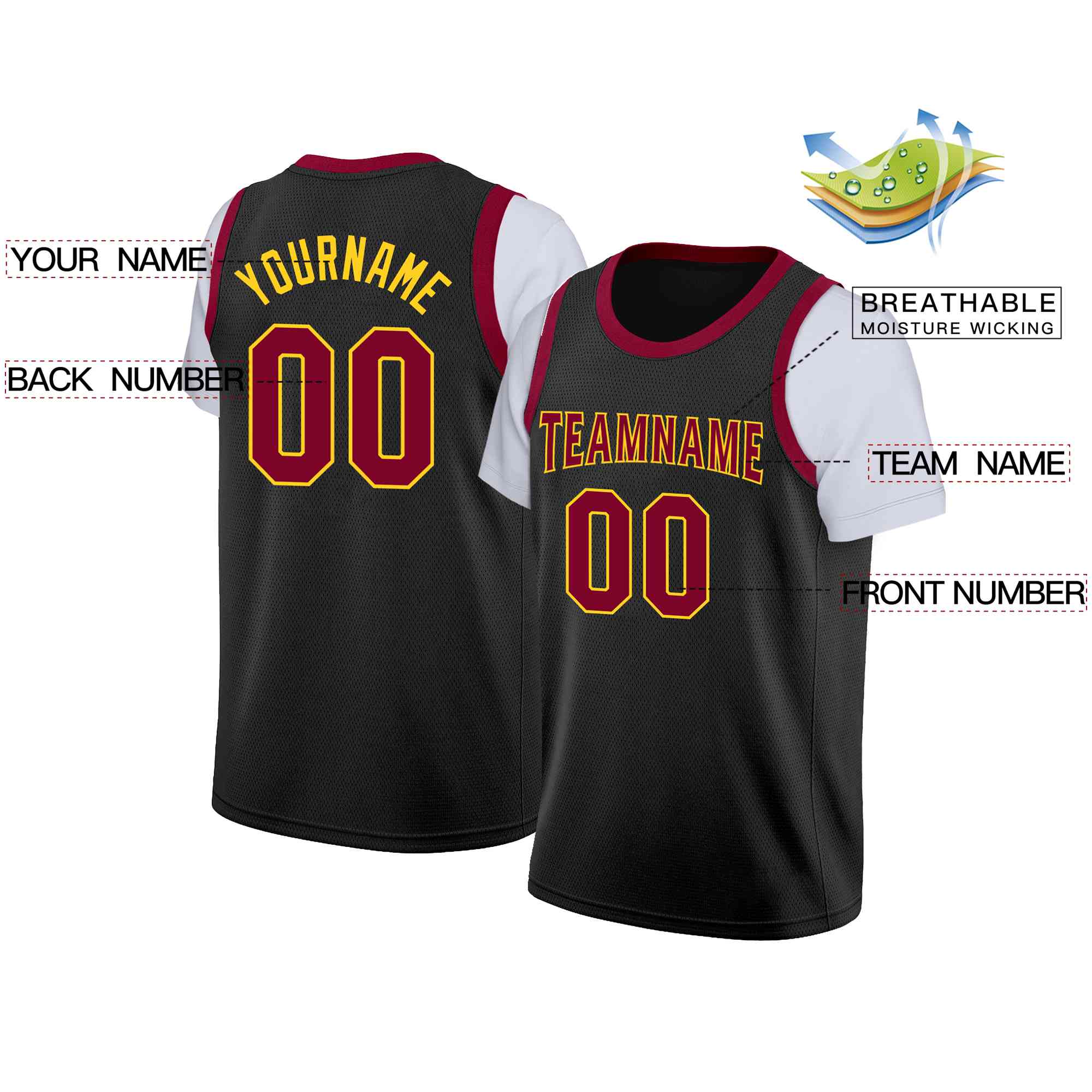 Custom Black Maroon-Yellow Classic Tops Casual Fake Sleeve Basketball Jersey