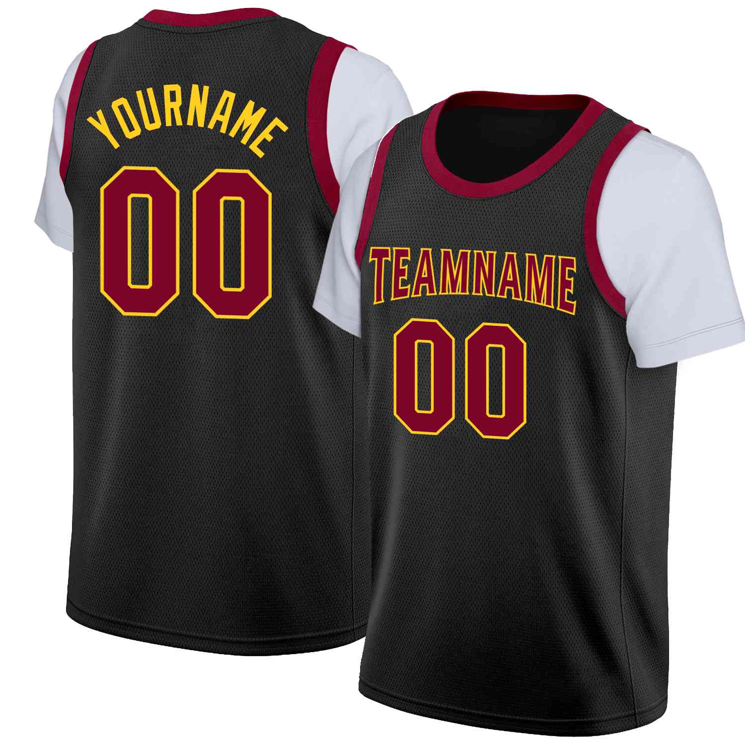 Custom Black Maroon-Yellow Classic Tops Casual Fake Sleeve Basketball Jersey