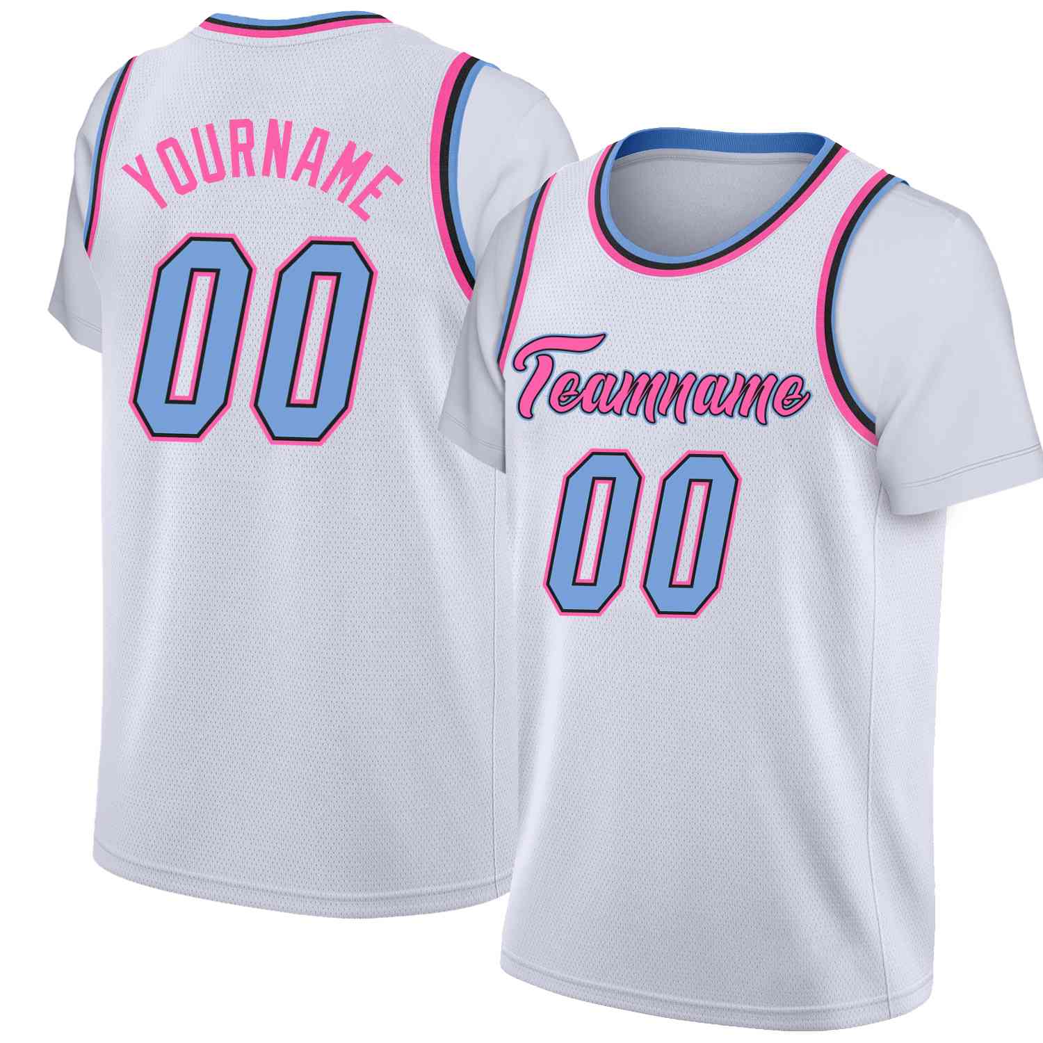 Custom White Pink-Light Blue Classic Tops Casual Fake Sleeve Basketball Jersey