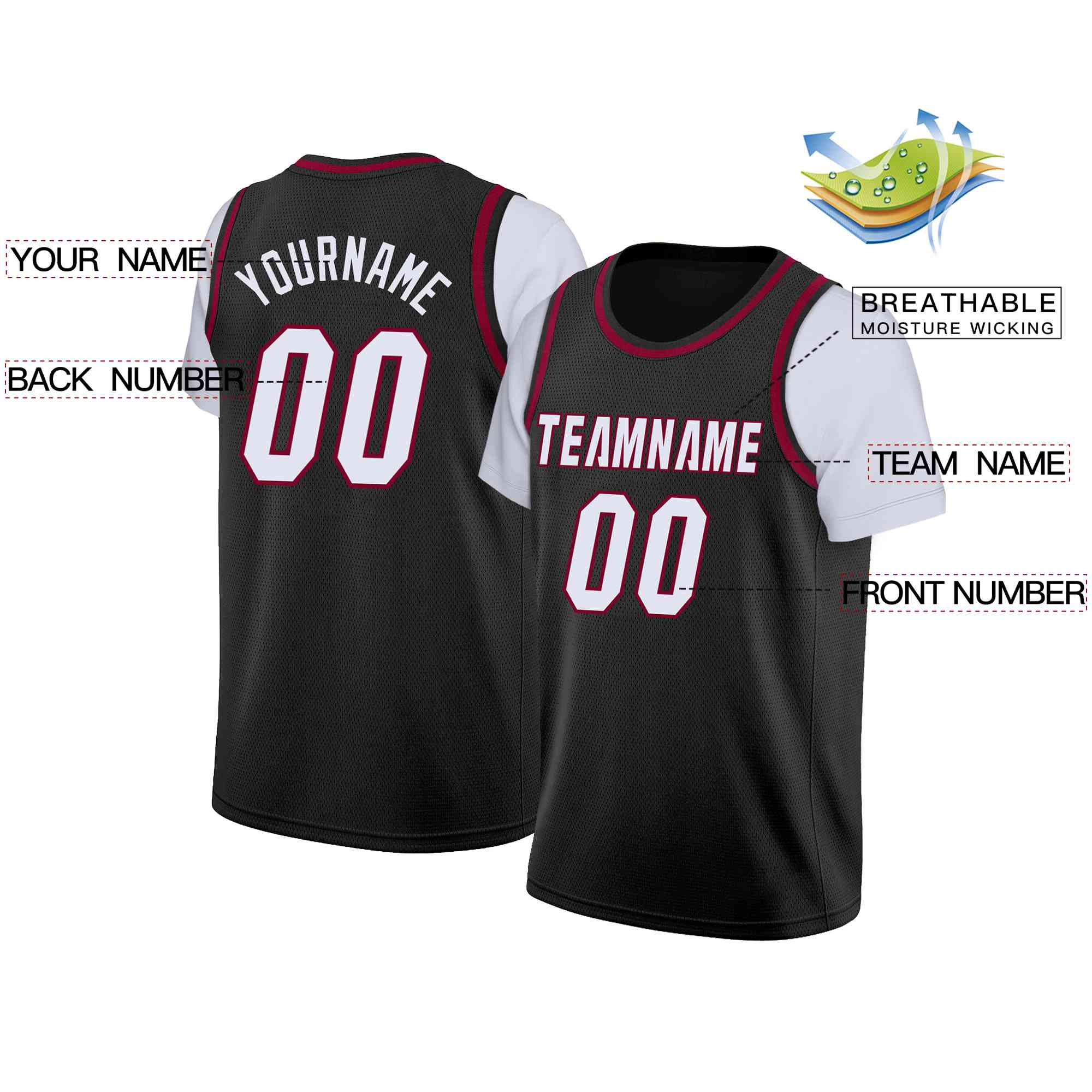 Custom Black White-Maroon Classic Tops Casual Fake Sleeve Basketball Jersey