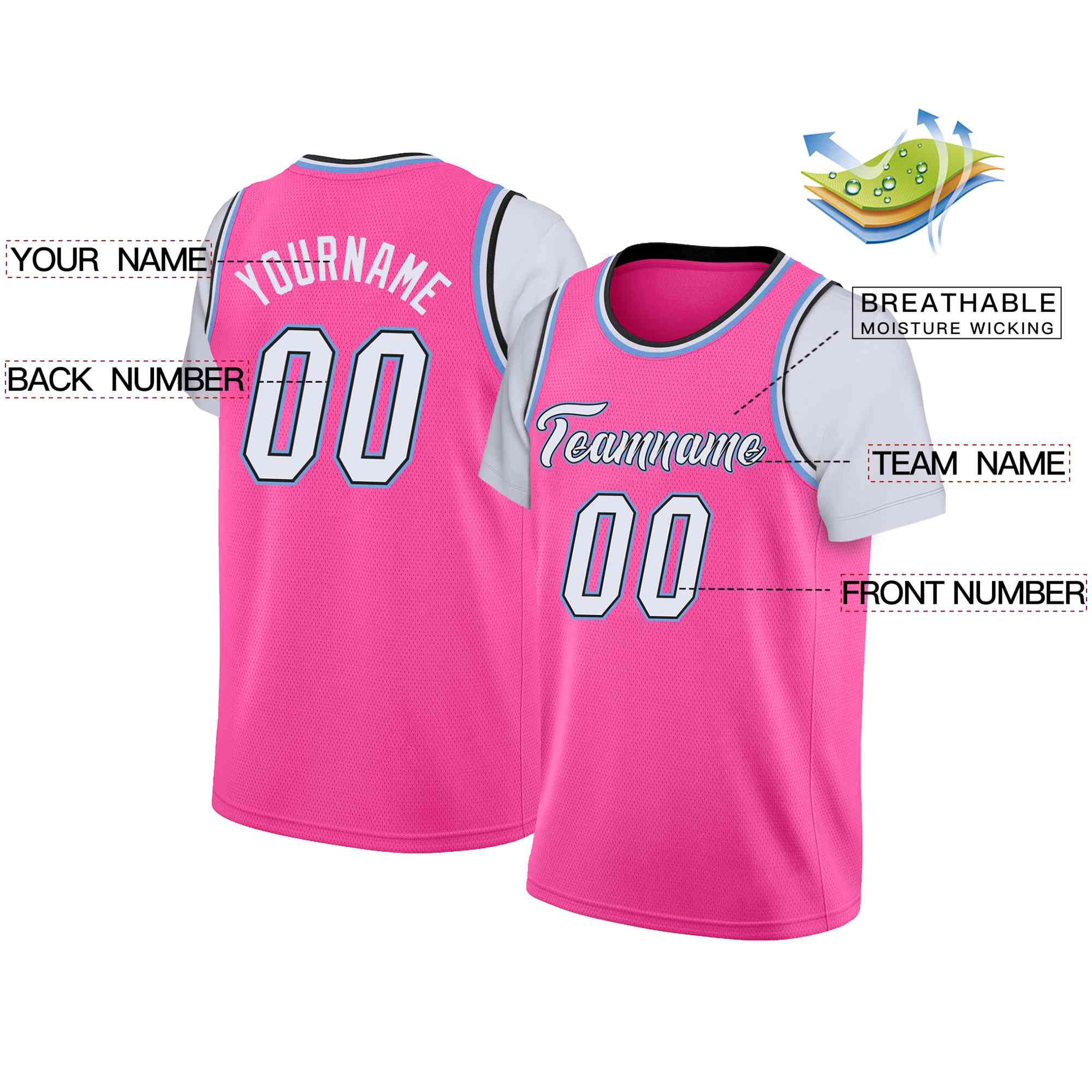 Custom Pink White-Black Classic Tops Casual Fake Sleeve Basketball Jersey