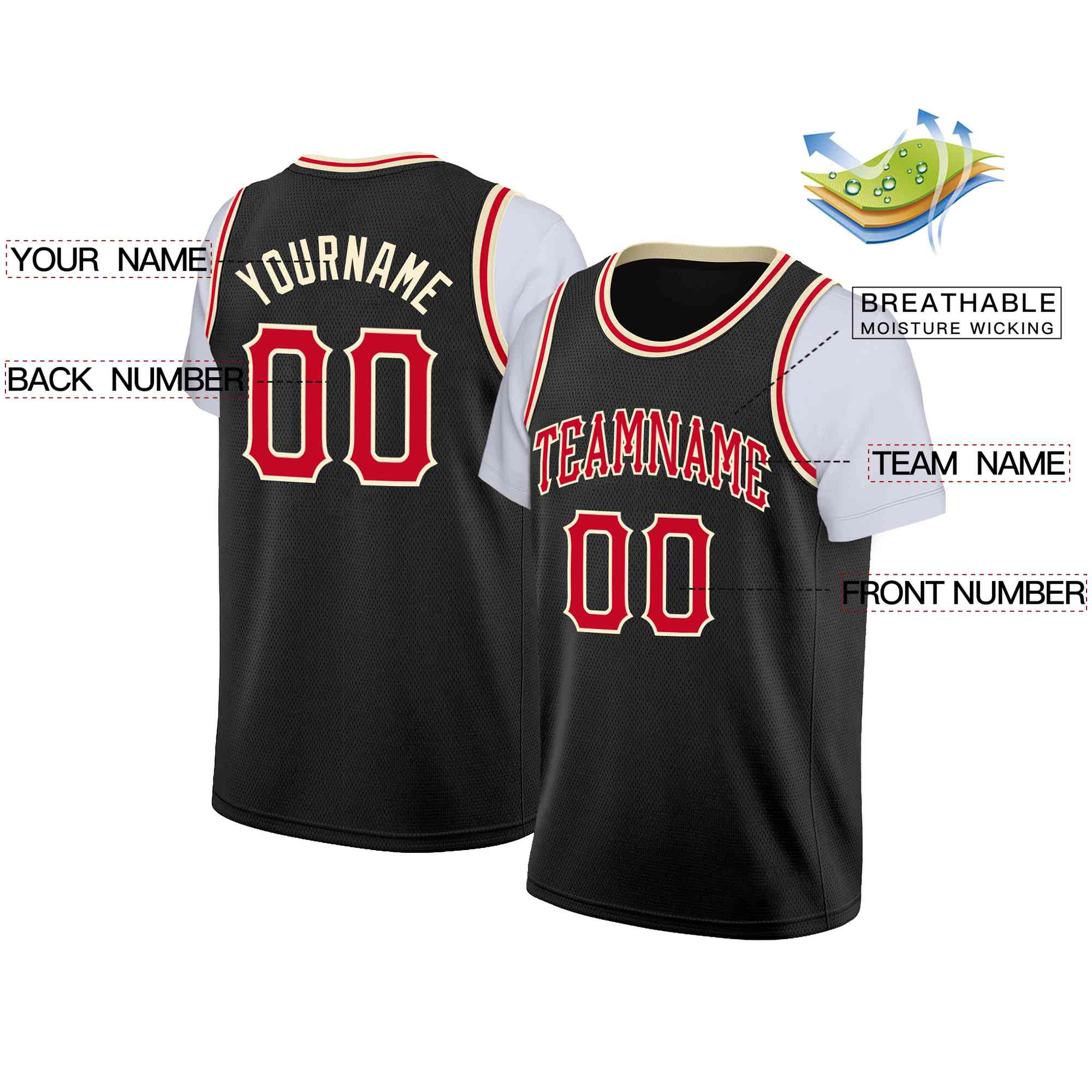 Custom Black Red-Cream Classic Tops Casual Fake Sleeve Basketball Jersey