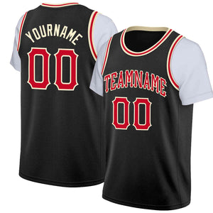 Maillot de basket-ball à fausses manches, personnalisé, noir, rouge-crème, hauts classiques décontractés