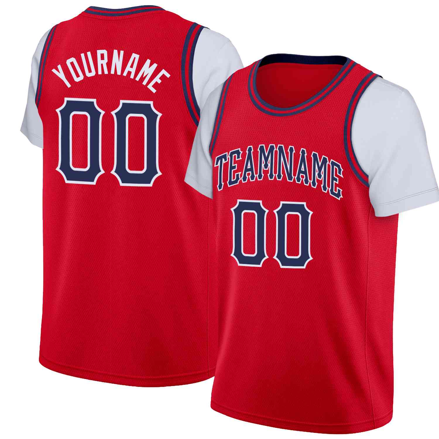 Maillot de basket-ball à fausses manches, haut classique personnalisé rouge marine-blanc