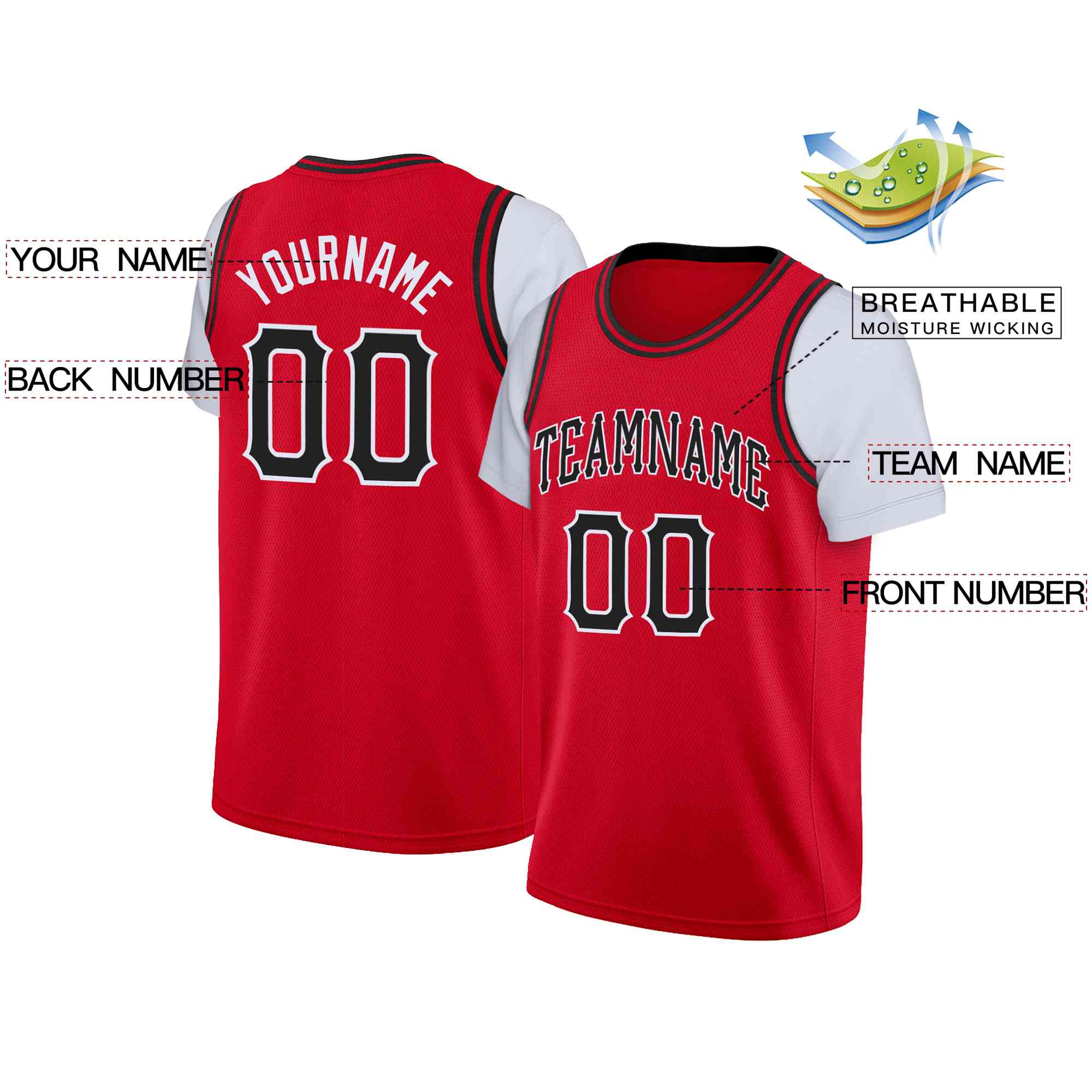 Maillot de basket-ball à fausses manches, personnalisé, rouge, noir et blanc, hauts classiques décontractés