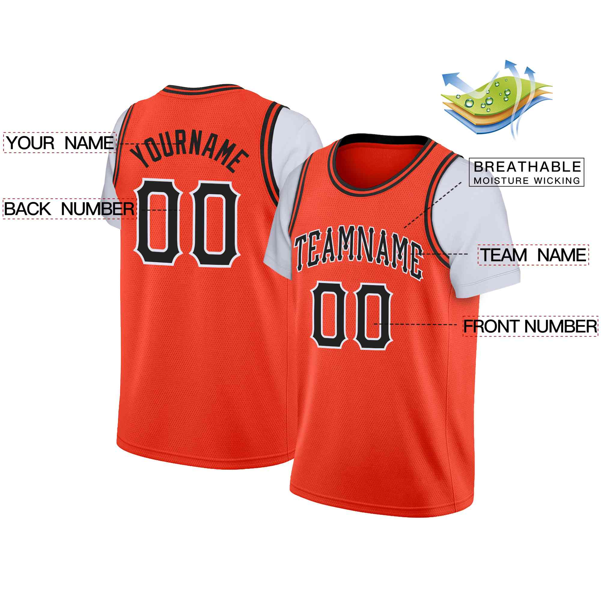 Maillot de basket-ball à fausses manches, personnalisé, Orange, noir et blanc, hauts classiques décontractés