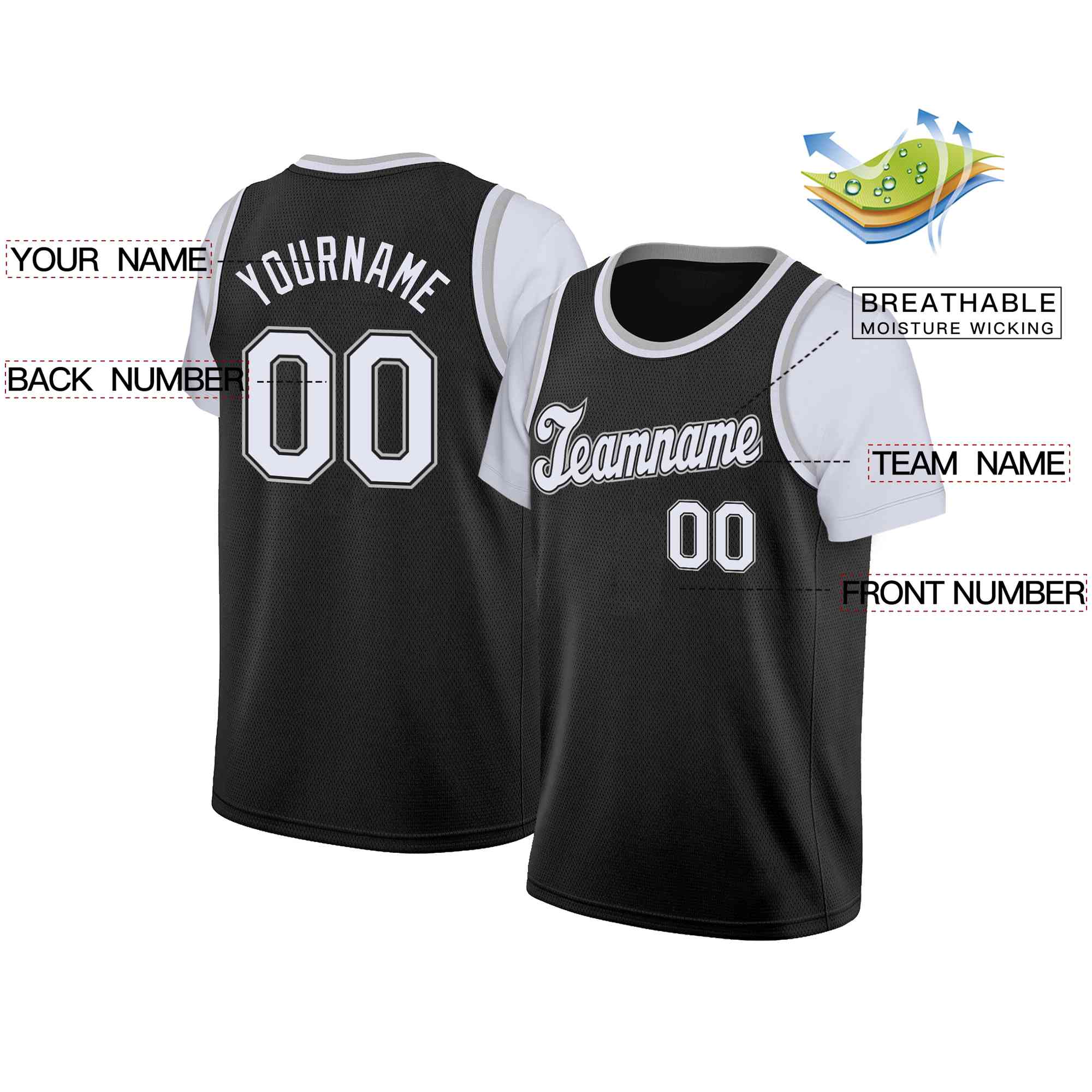 Maillot de basket-ball à fausses manches, haut classique personnalisé noir blanc-noir, décontracté