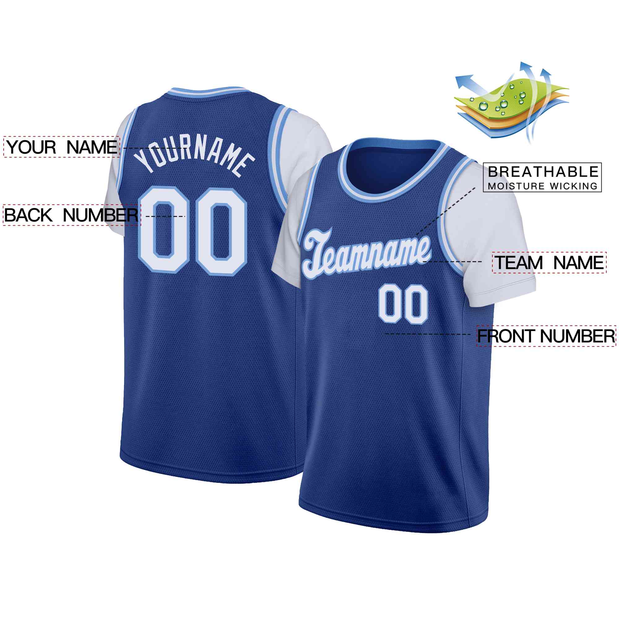 Maillot de basket-ball à fausses manches, haut classique personnalisé Royal blanc-bleu clair, décontracté