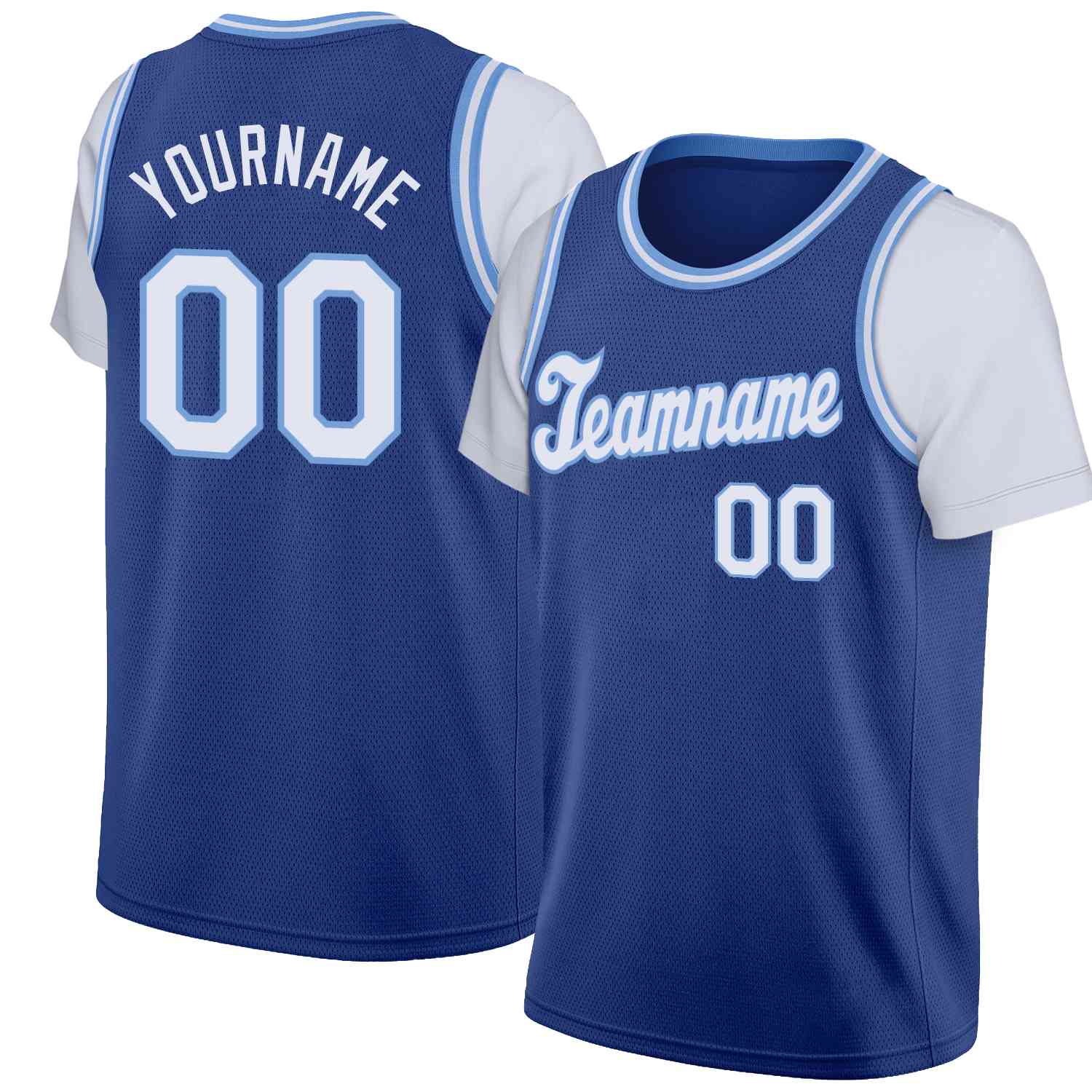 Custom Royal White-Light Blue Classic Tops Casual Fake Sleeve Basketball Jersey