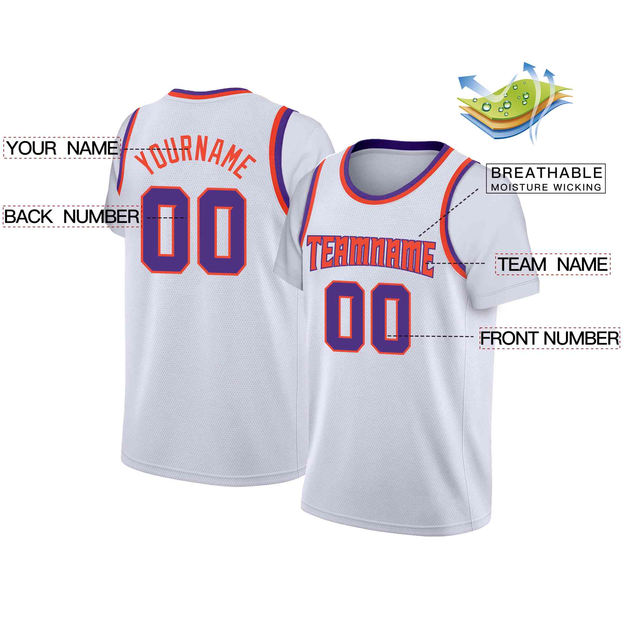 Custom White Orange-Purple Classic Tops Casual Fake Sleeve Basketball Jersey