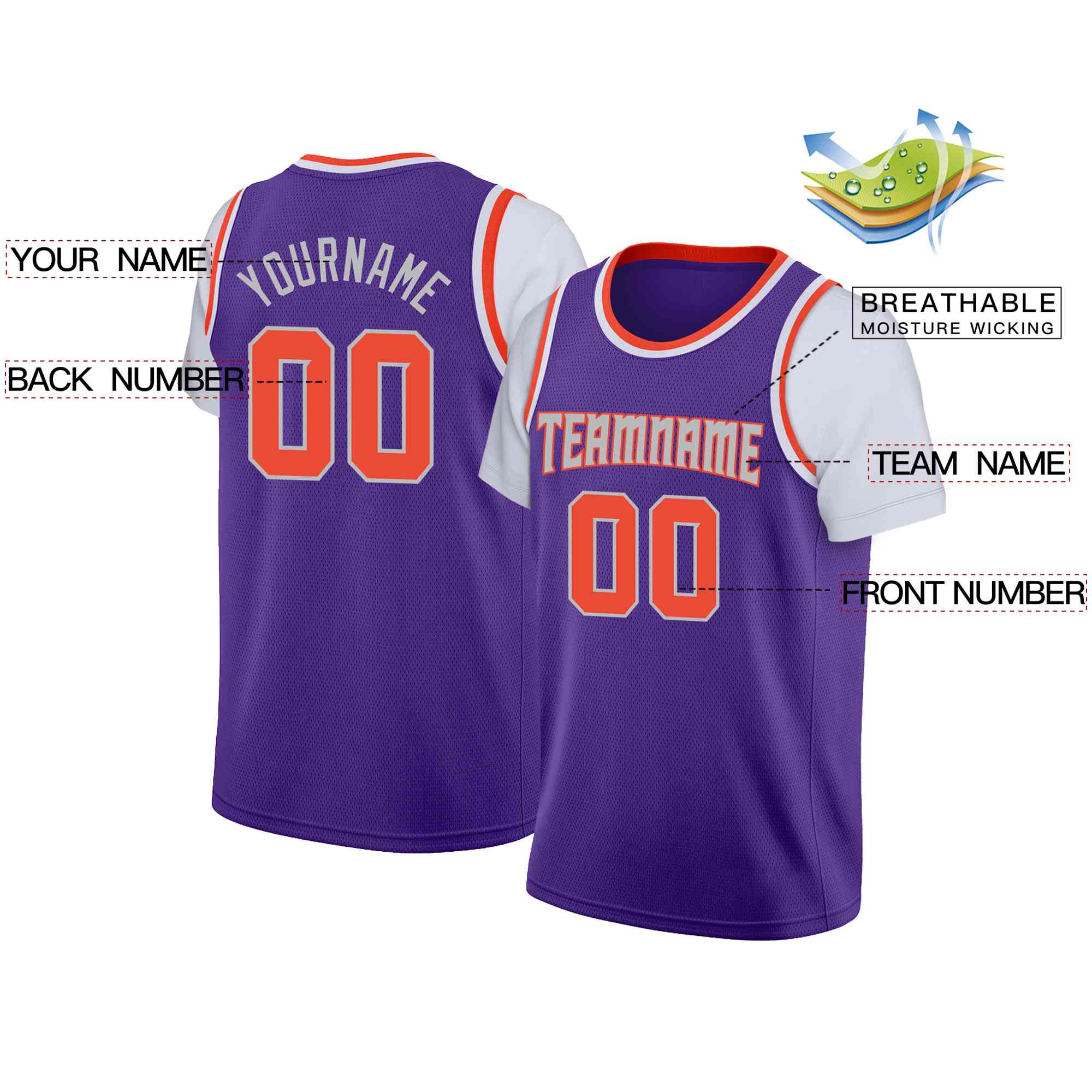 Custom Purple Gray-Orange Classic Tops Casual Fake Sleeve Basketball Jersey