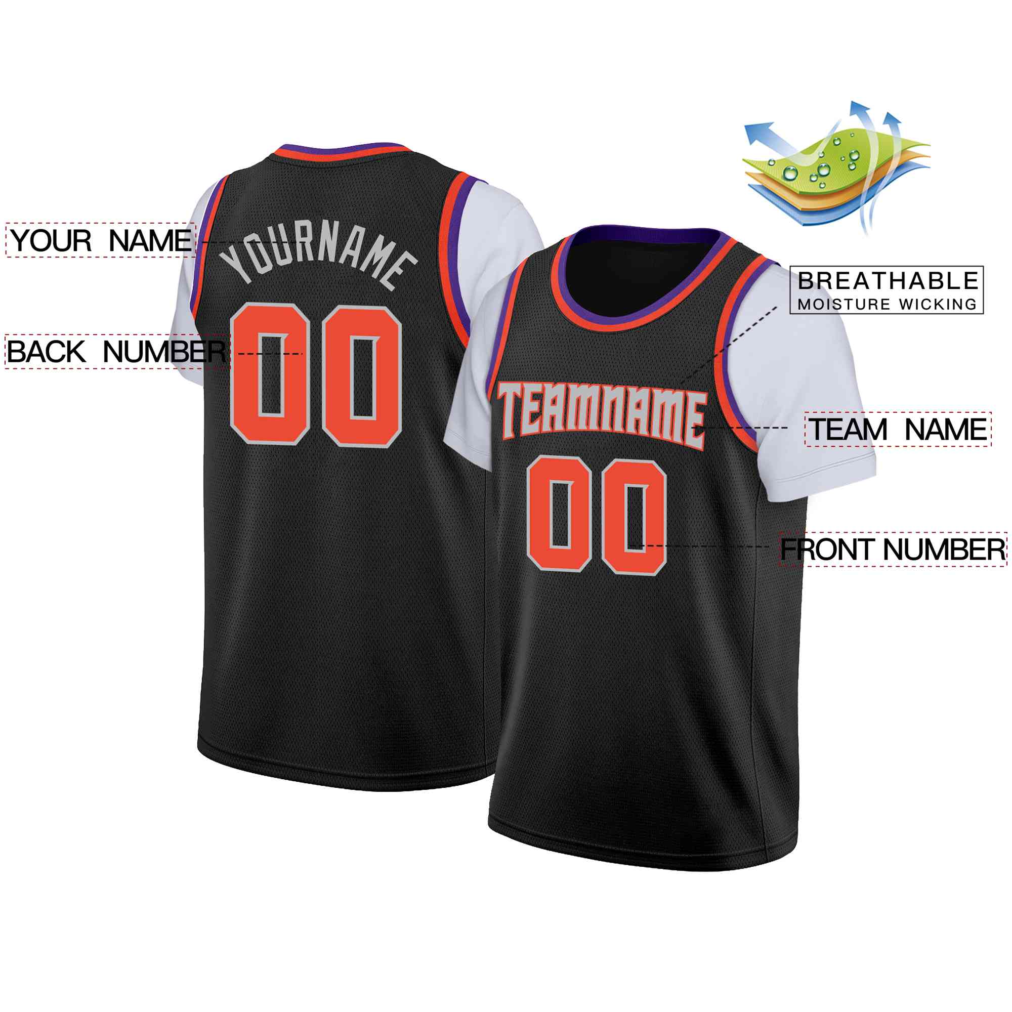 Custom Black Orange-Gray Classic Tops Casual Fake Sleeve Basketball Jersey