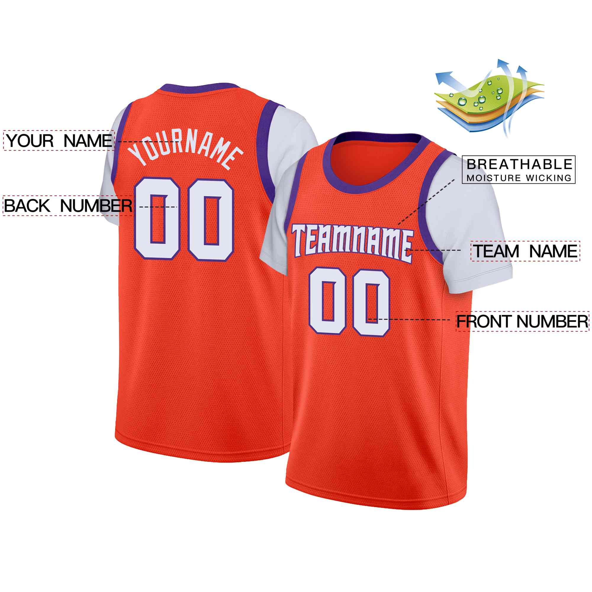 Maillot de basket-ball à fausses manches, haut classique personnalisé Orange blanc-Royal, décontracté