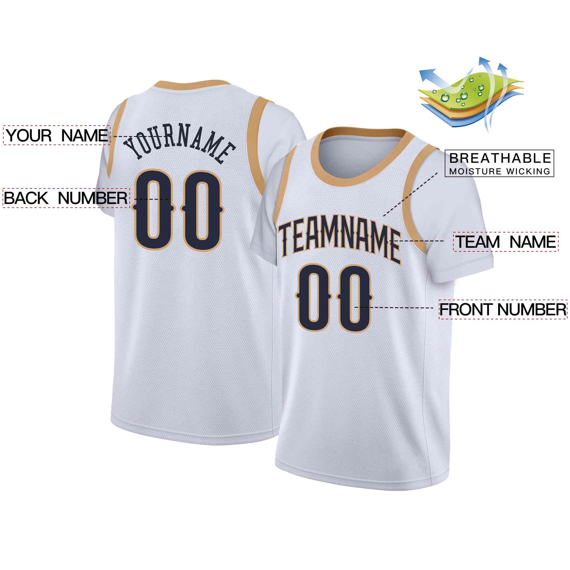 Custom White Navy-Old Gold Classic Tops Casual Fake Sleeve Basketball Jersey