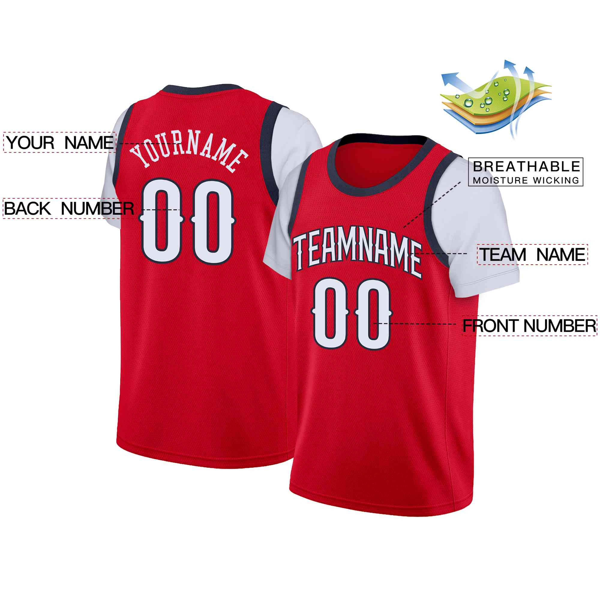 Custom Red White-Navy Classic Tops Casual Fake Sleeve Basketball Jersey