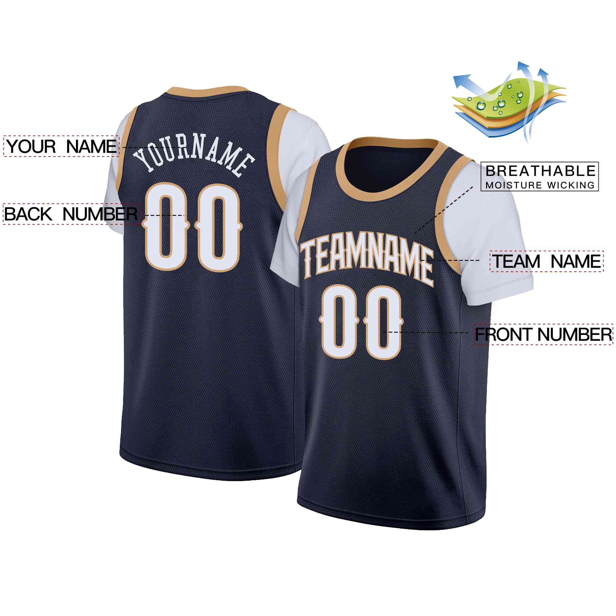 Custom Navy White-Old Gold Classic Tops Casual Fake Sleeve Basketball Jersey