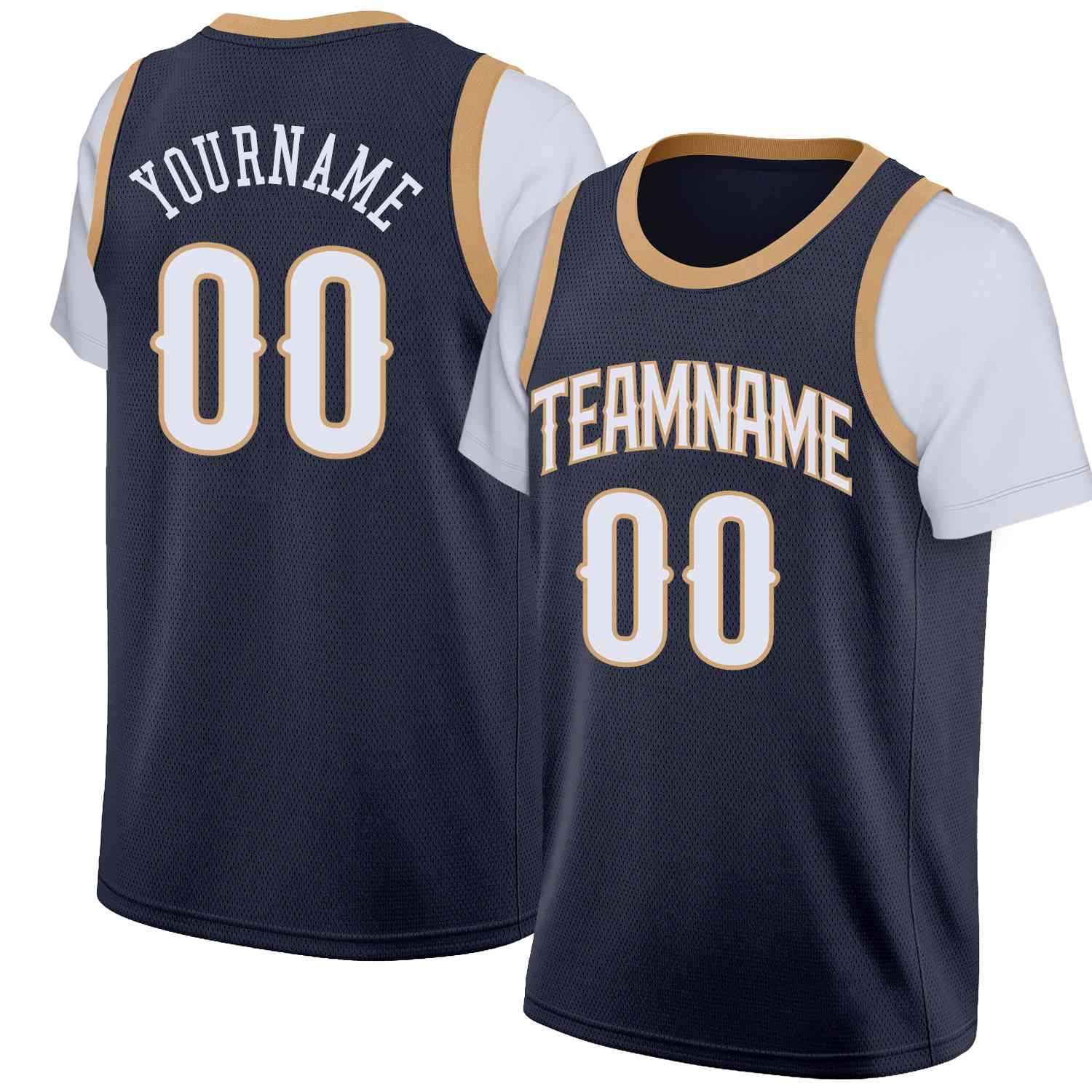 Custom Navy White-Old Gold Classic Tops Casual Fake Sleeve Basketball Jersey