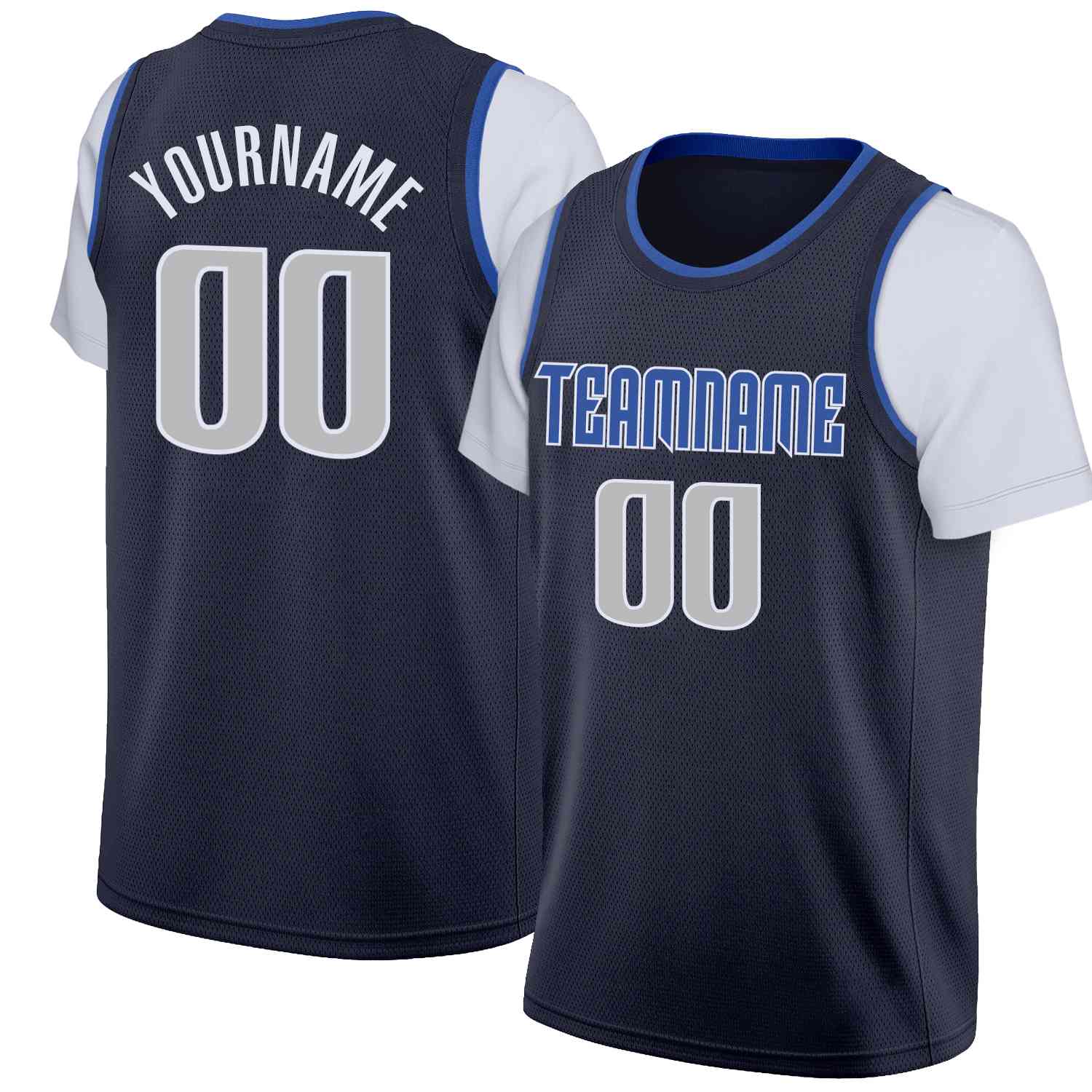 Custom Navy Royal-White Classic Tops Casual Fake Sleeve Basketball Jersey