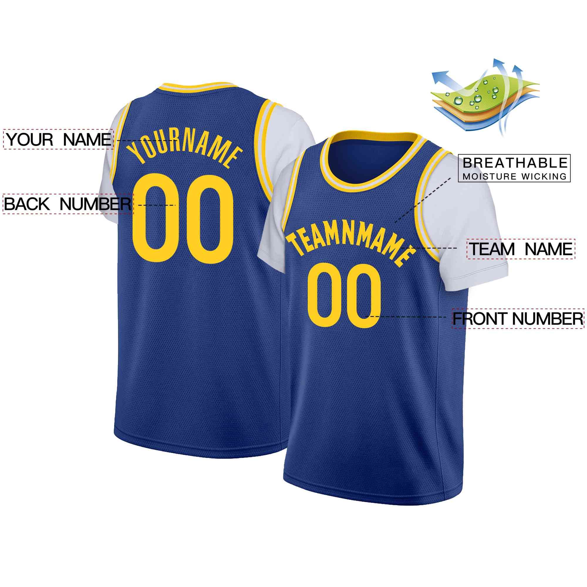 Maillot de basket-ball à fausses manches, haut classique bleu jaune personnalisé, décontracté