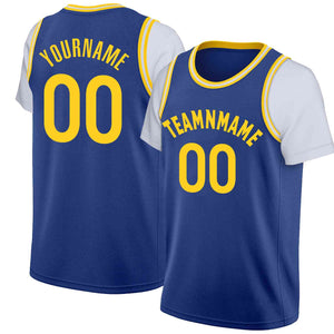 Maillot de basket-ball à fausses manches, haut classique bleu jaune personnalisé, décontracté