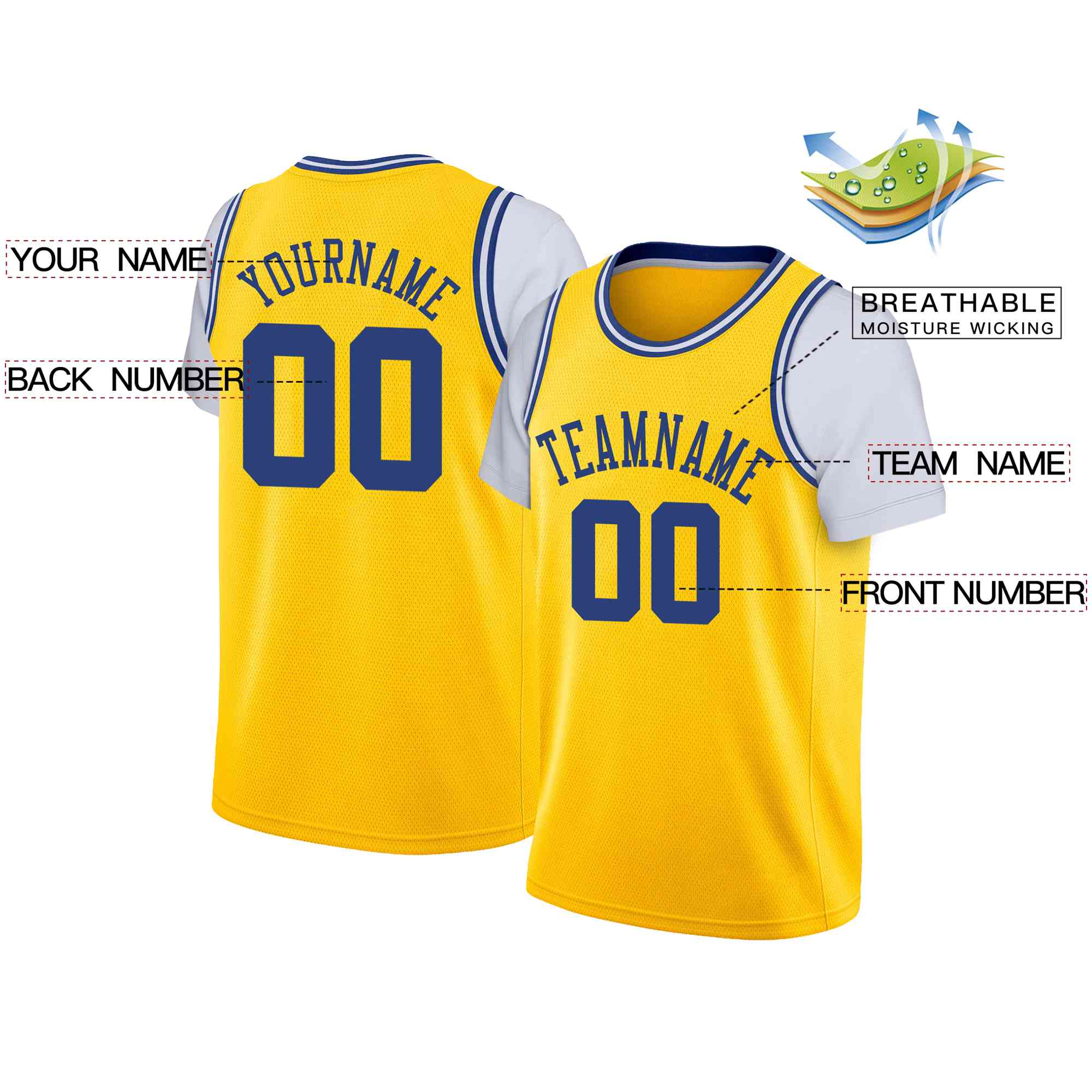 Custom Yellow Blue Classic Tops Casual Fake Sleeve Basketball Jersey