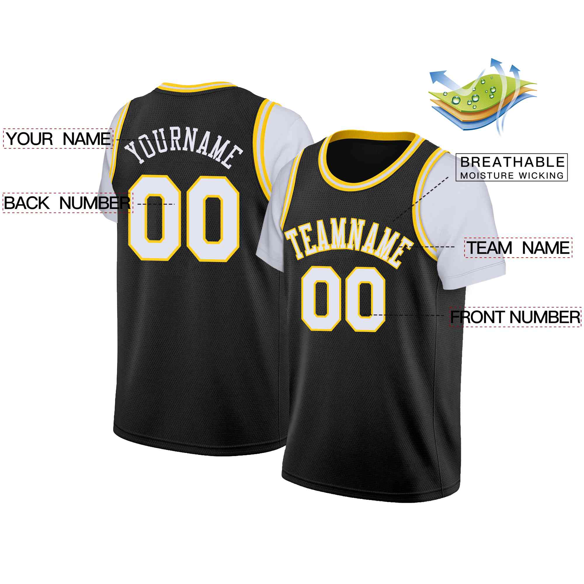 Custom Black White-Yellow Classic Tops Casual Fake Sleeve Basketball Jersey