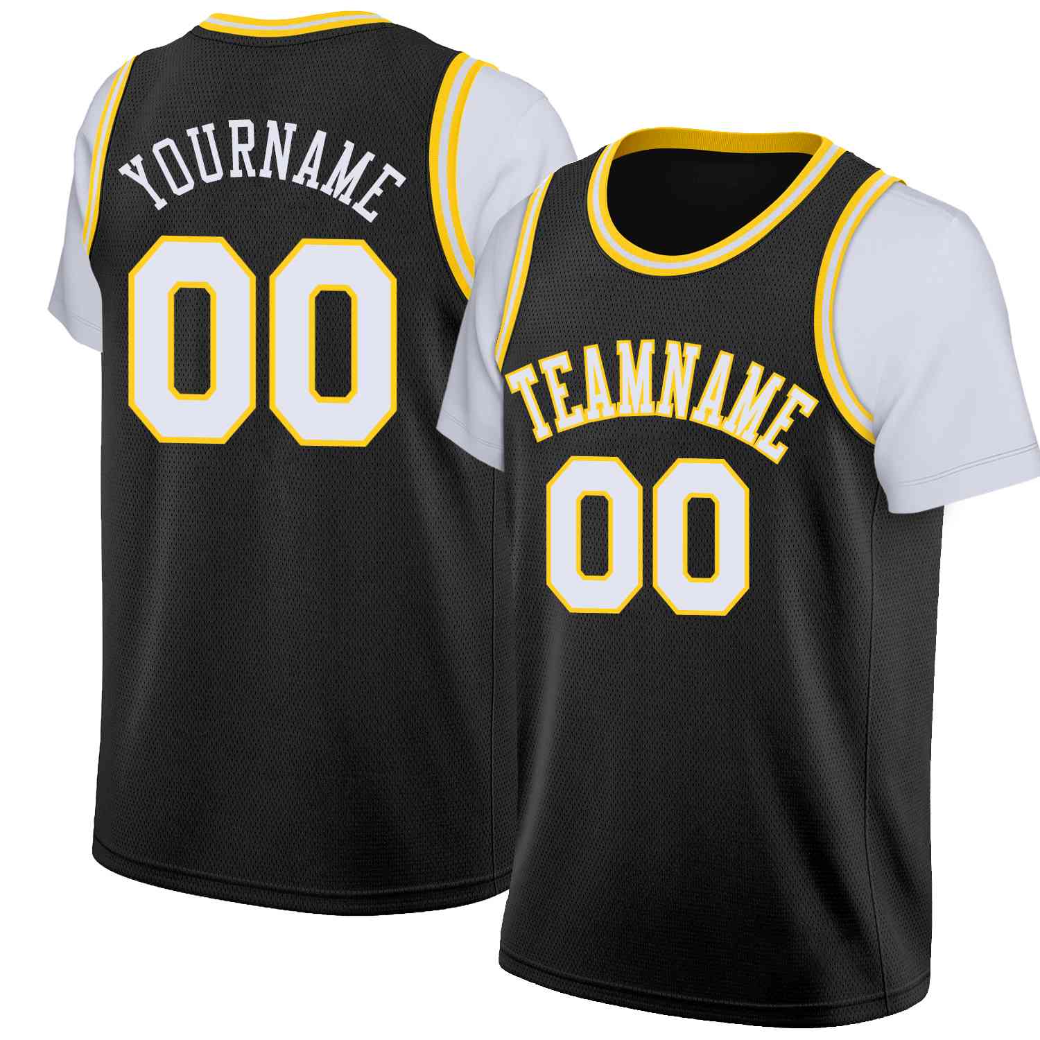 Custom Black White-Yellow Classic Tops Casual Fake Sleeve Basketball Jersey