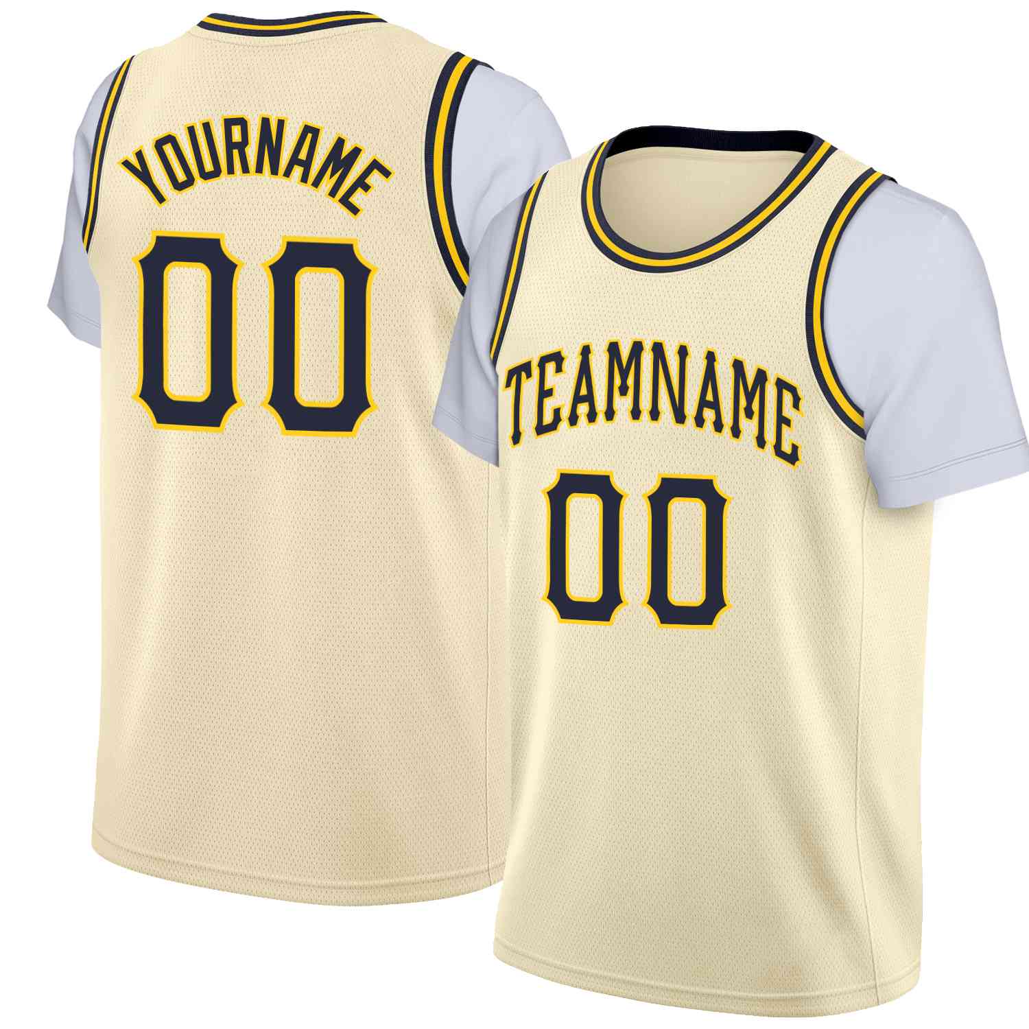 Maillot de basket-ball à fausses manches, personnalisé, crème, jaune marine, hauts classiques décontractés