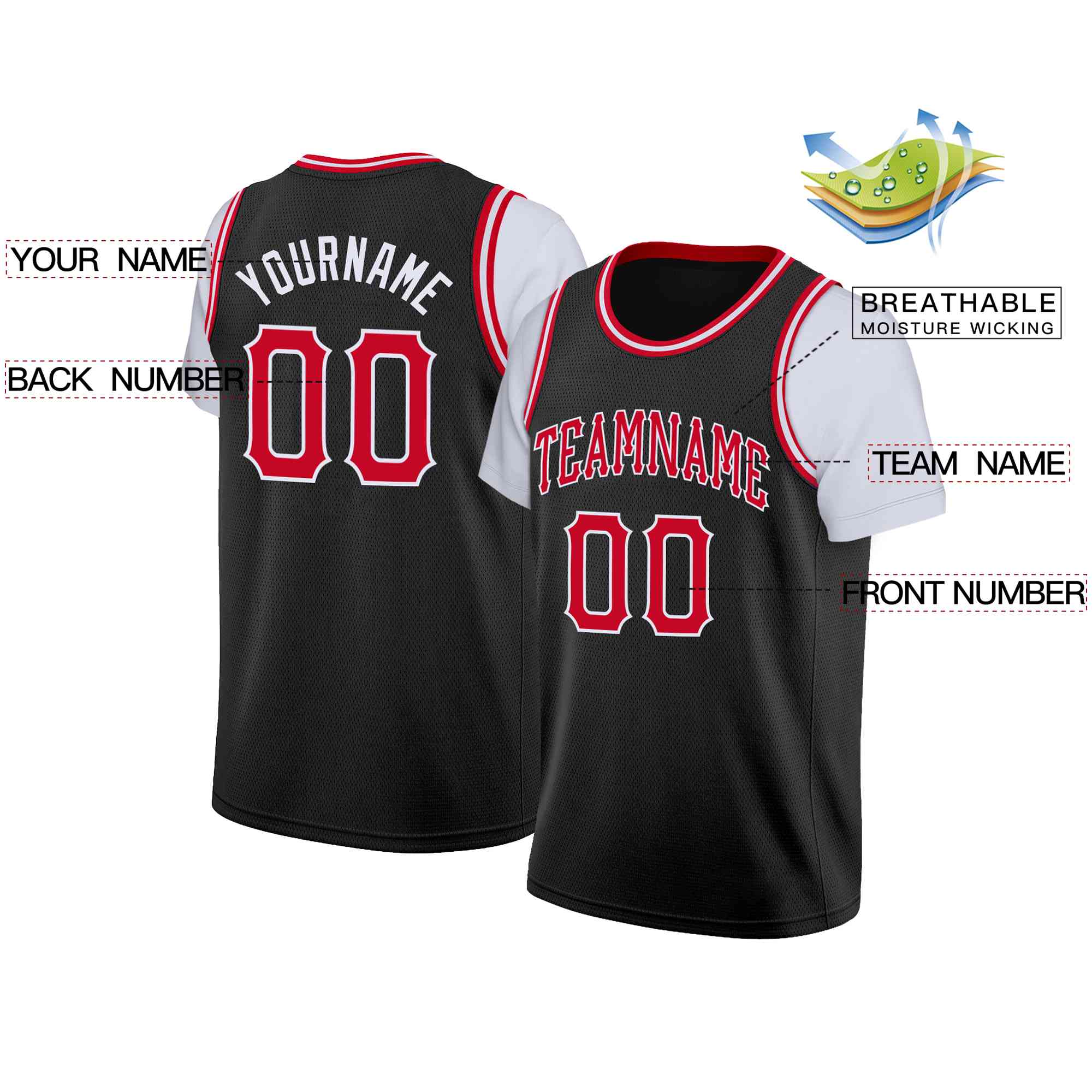 Custom Black Red-White Classic Tops Casual Fake Sleeve Basketball Jersey