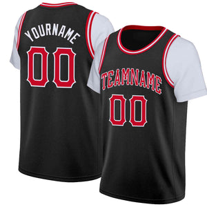 Maillot de basket-ball à fausses manches, personnalisé, noir, rouge et blanc, hauts classiques décontractés