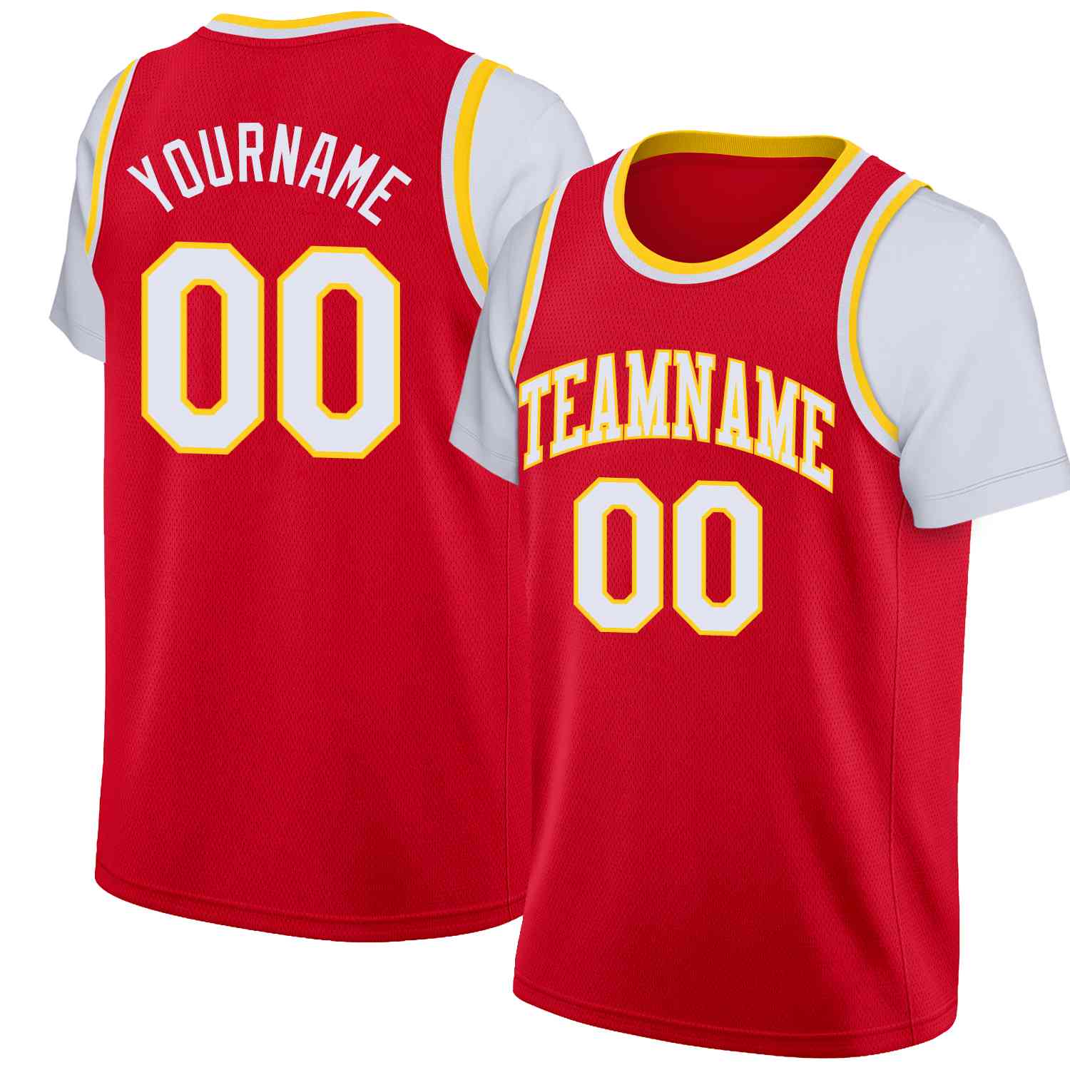 Maillot de basket-ball à fausses manches, haut classique personnalisé rouge blanc-jaune, décontracté