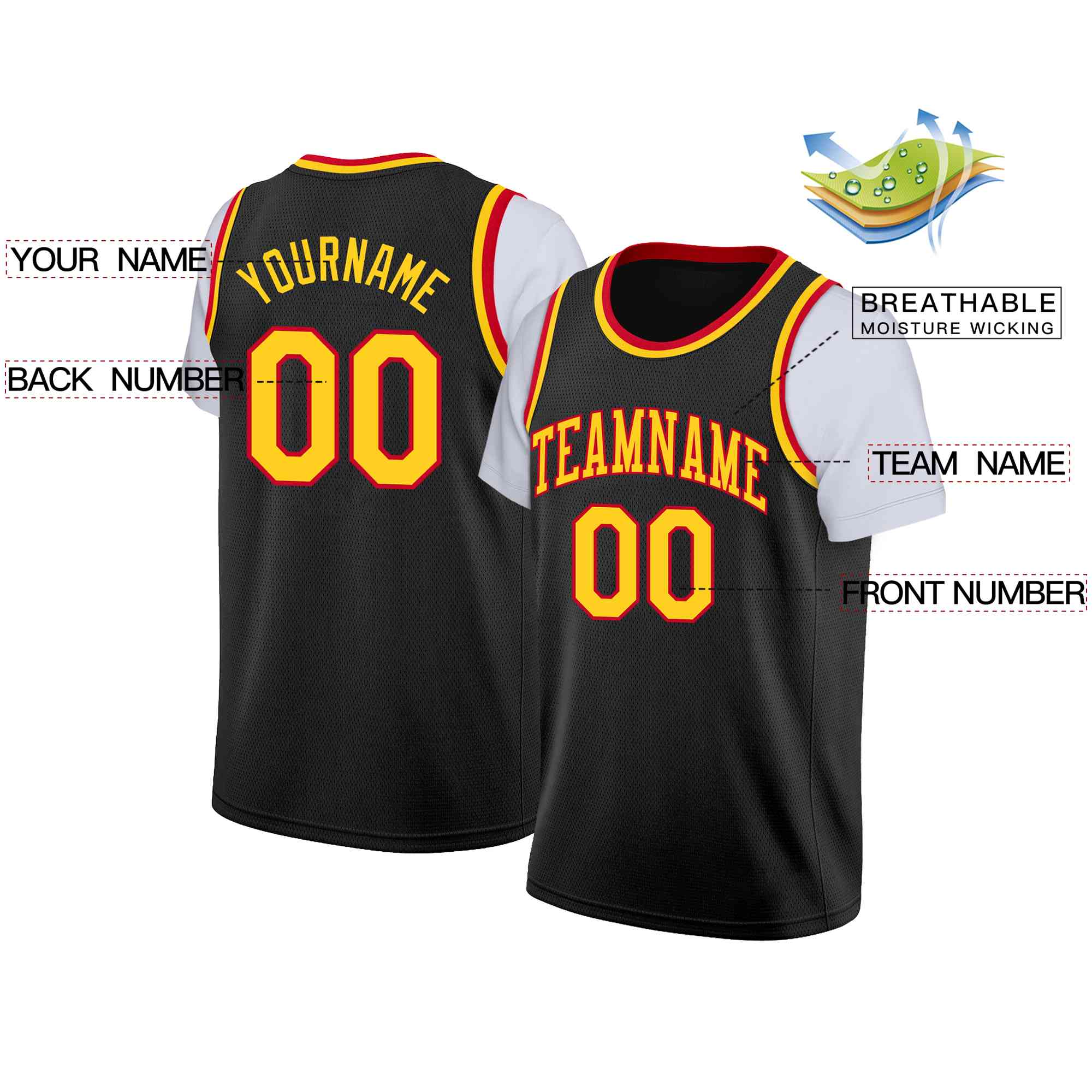 Custom Black Yellow-Red Classic Tops Casual Fake Sleeve Basketball Jersey