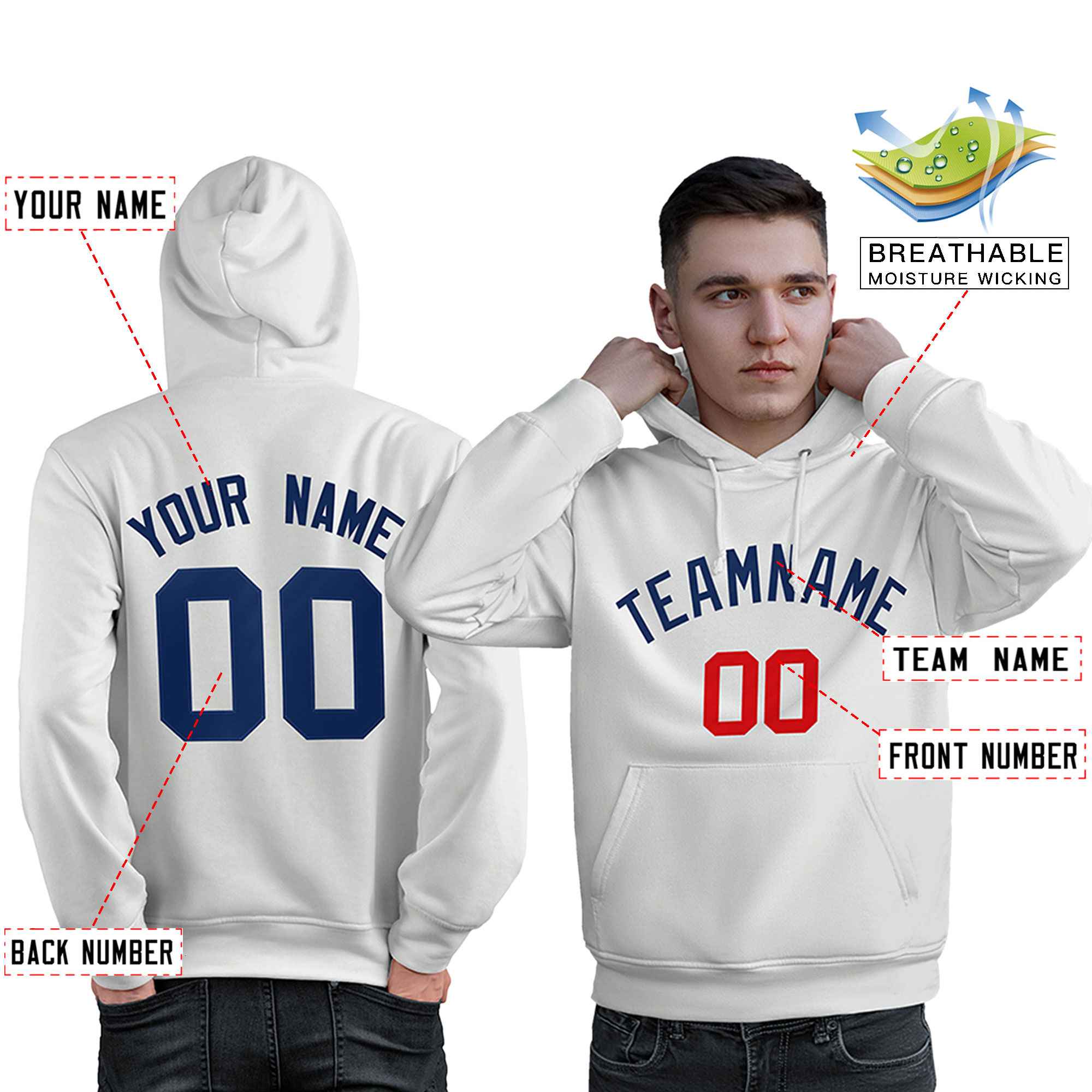 Custom White Navy-Red Classic Style Personalized Sport Pullover Hoodie