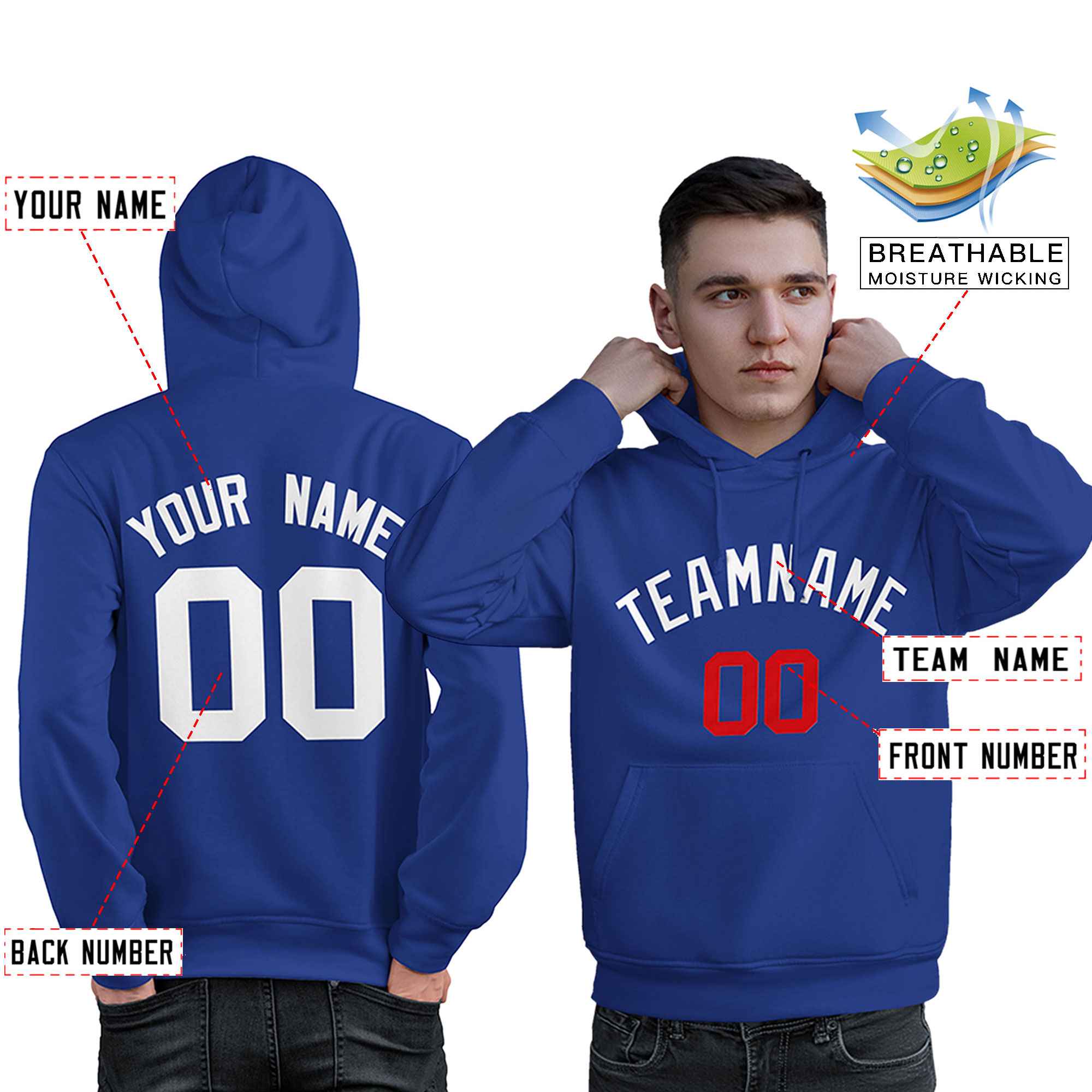 Custom Royal White-Red Classic Style Personalized Sport Pullover Hoodie