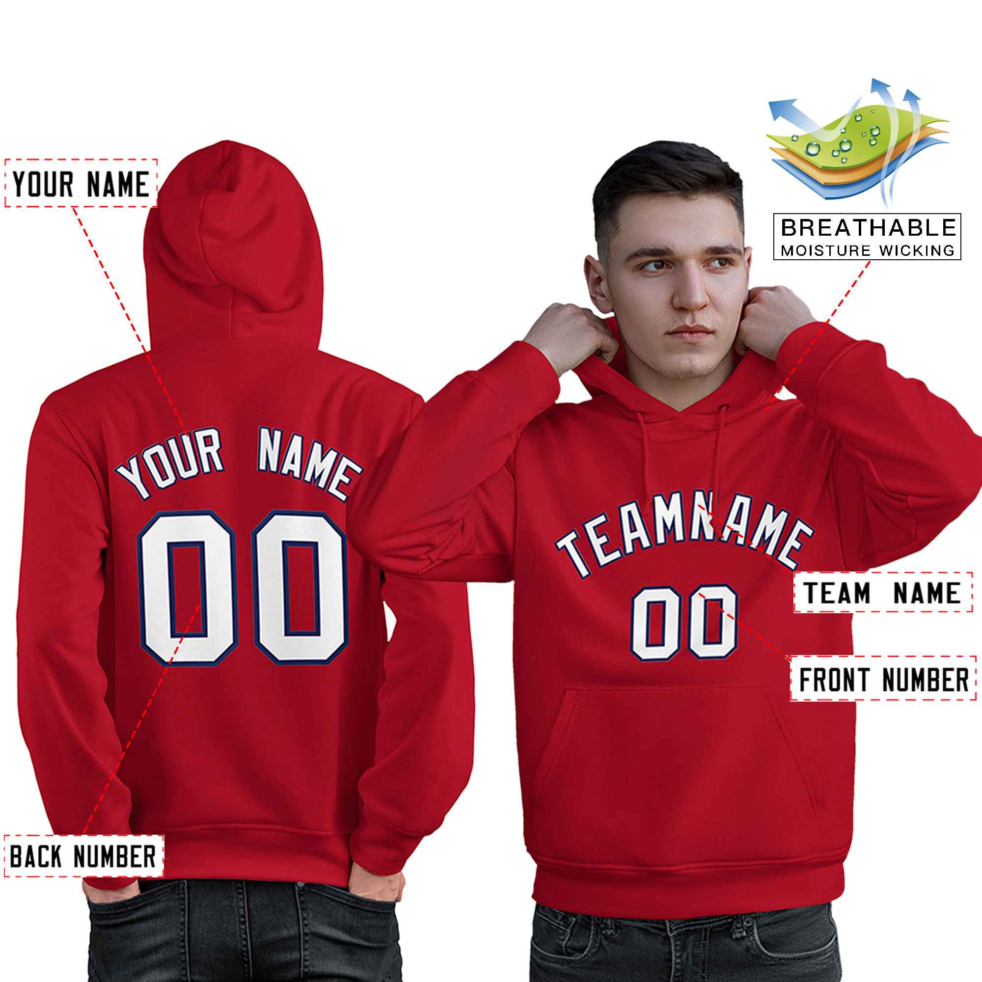 Custom Red Navy-White Classic Style Personalized Sport Pullover Hoodie