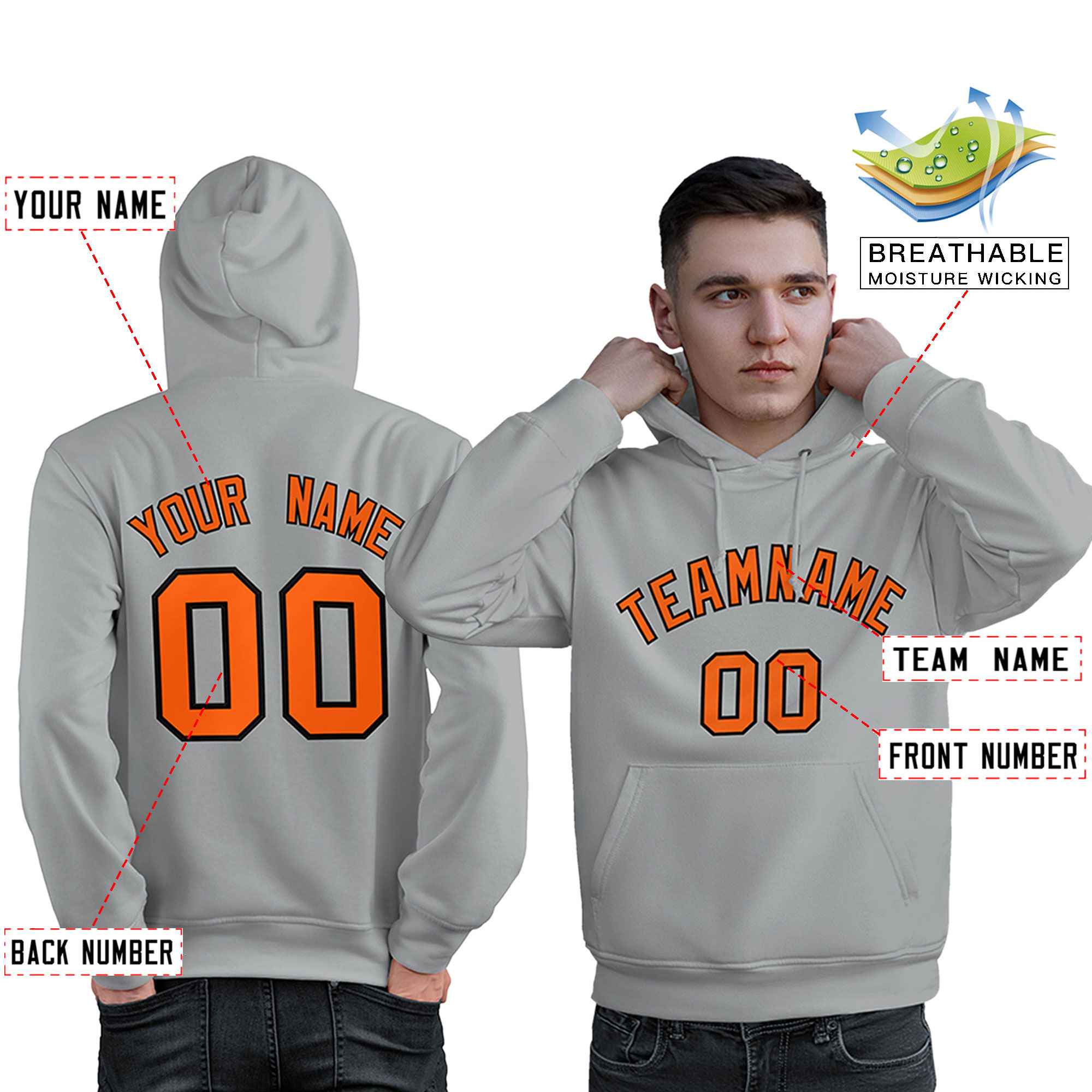 Custom Gray Orange-Black Classic Style Personalized Sport Pullover Hoodie