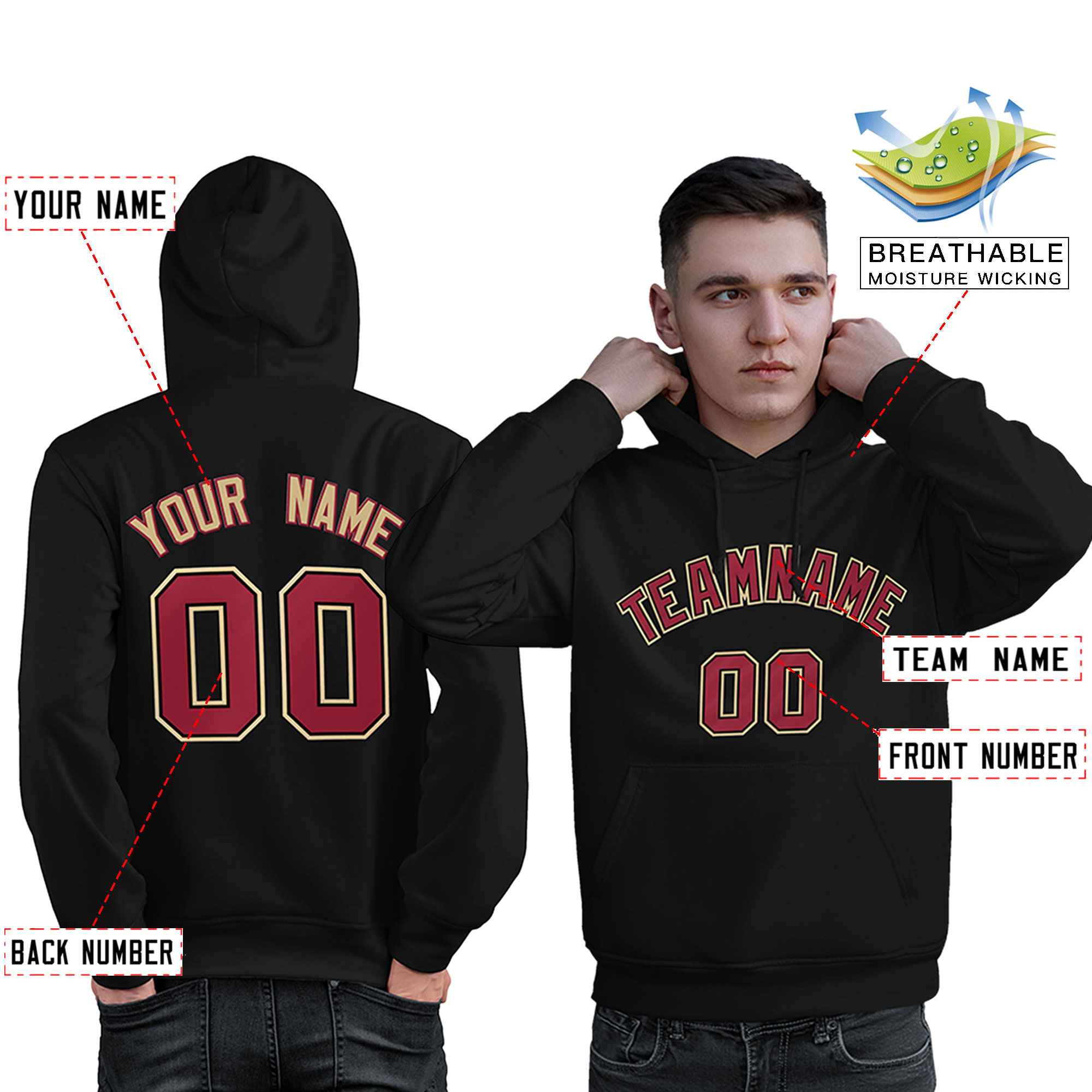 Custom Black Old Gold-Cardinal Classic Style Personalized Sport Pullover Hoodie