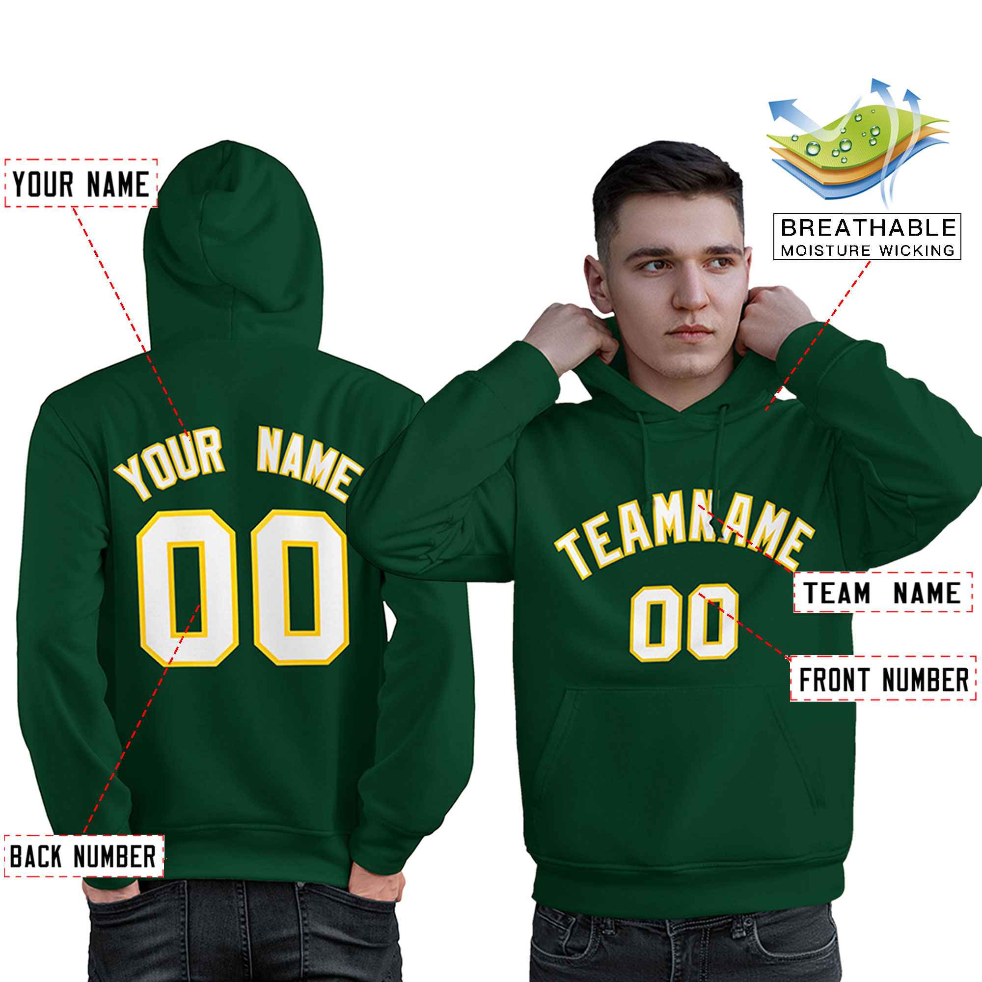 Custom Kelly Green White-Gold Classic Style Personalized Sport Pullover Hoodie