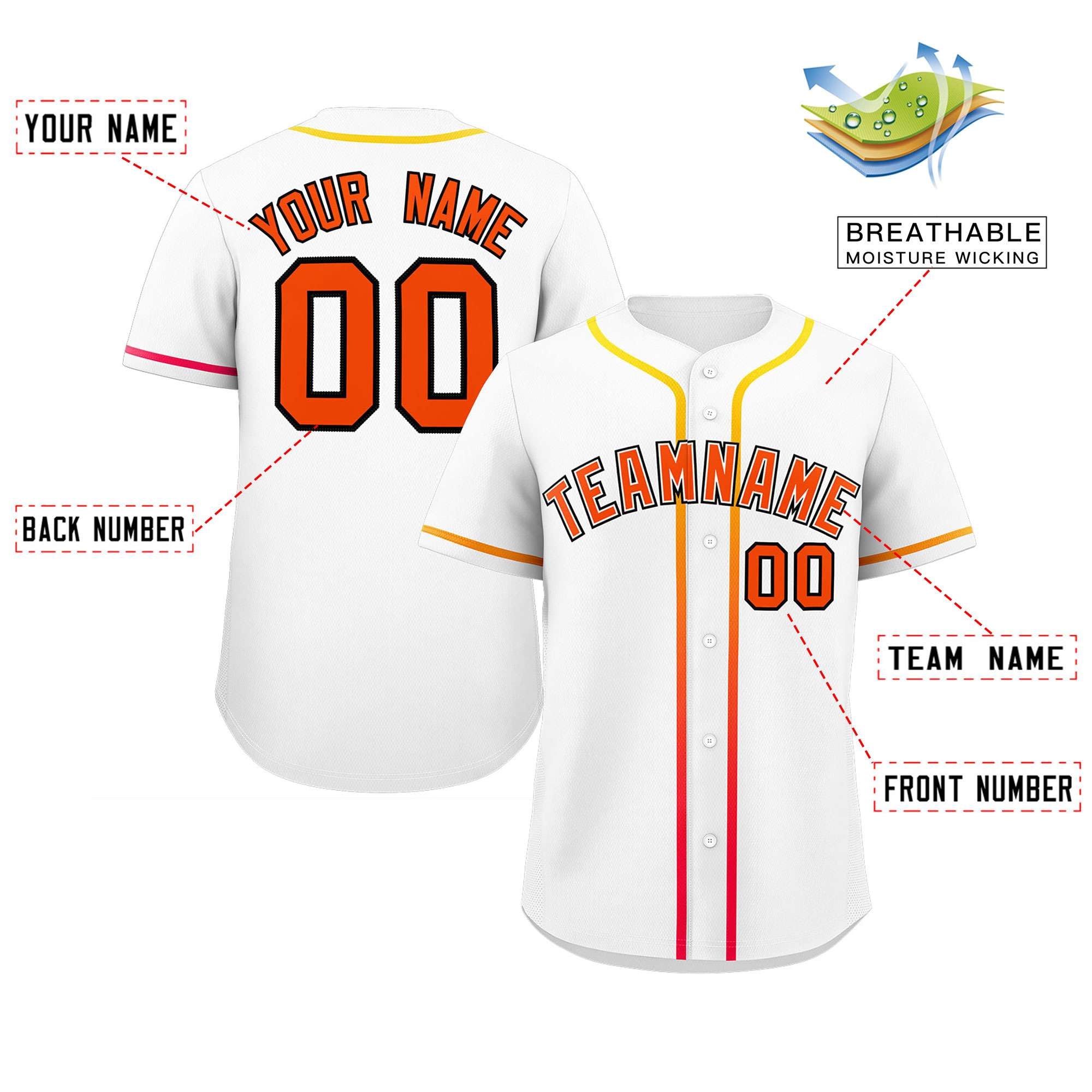 Custom White Orange Personalized Gradient Ribbed Design Authentic Baseball Jersey