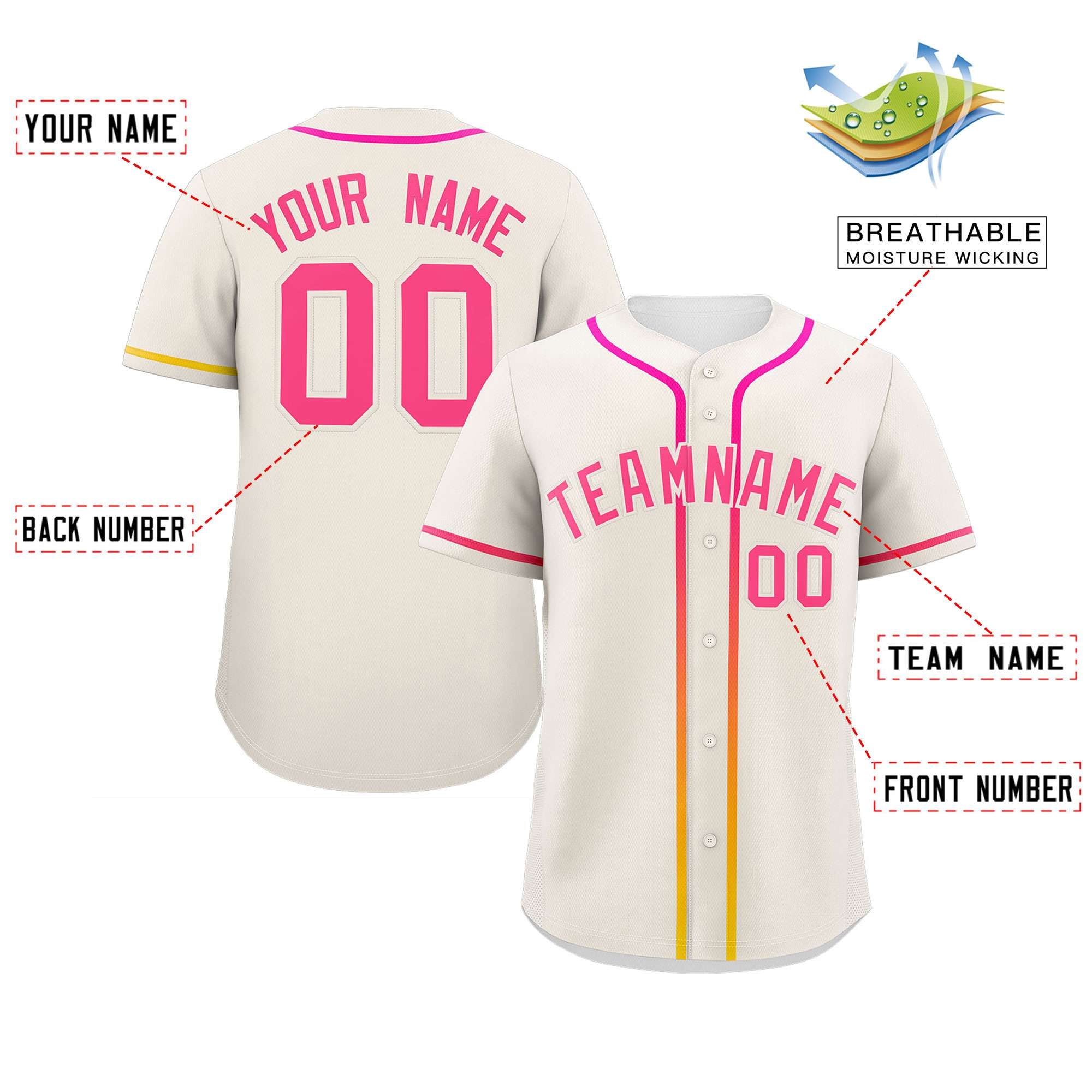 Custom Cream Pink Personalized Gradient Ribbed Design Authentic Baseball Jersey